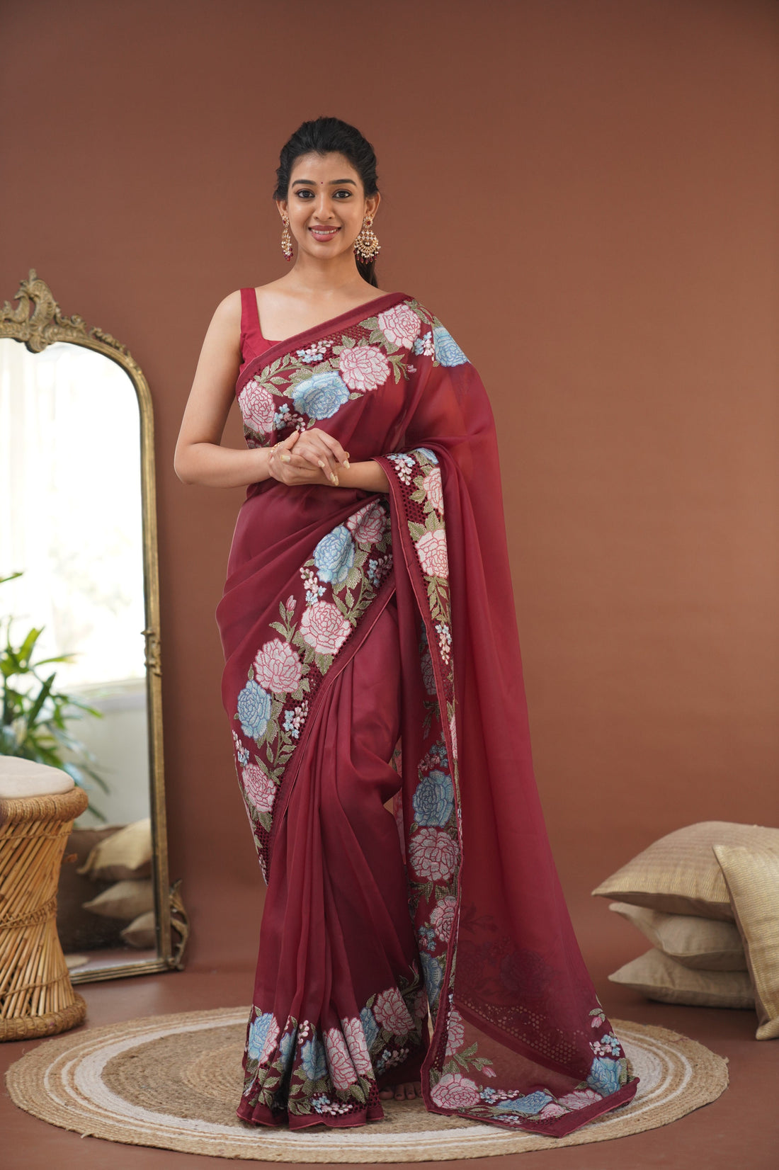 Nakshatra Flowy Net Organza Saree - Maroon