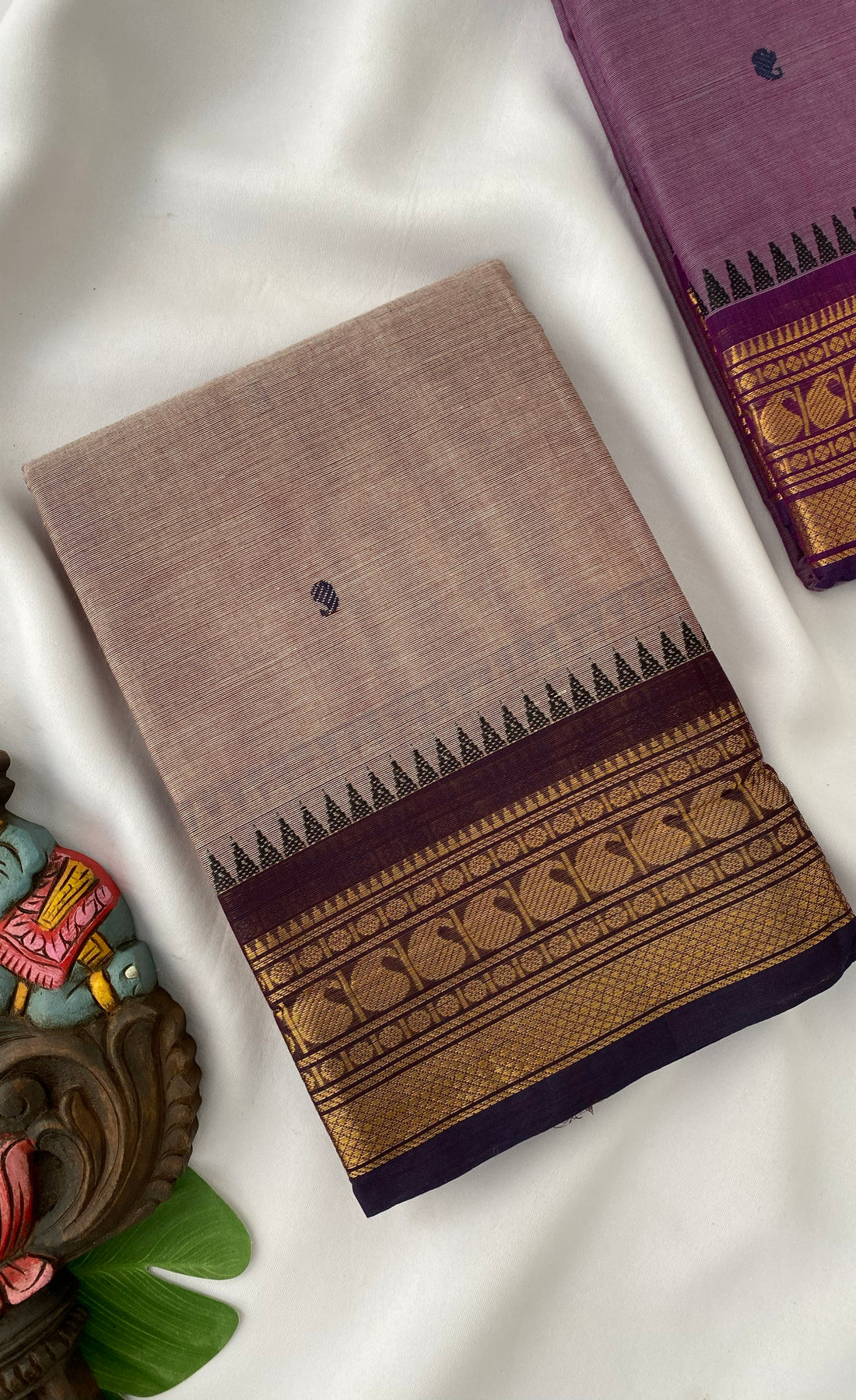 Chettinad Cotton Saree - Brownish cream tone and Dark brown shade