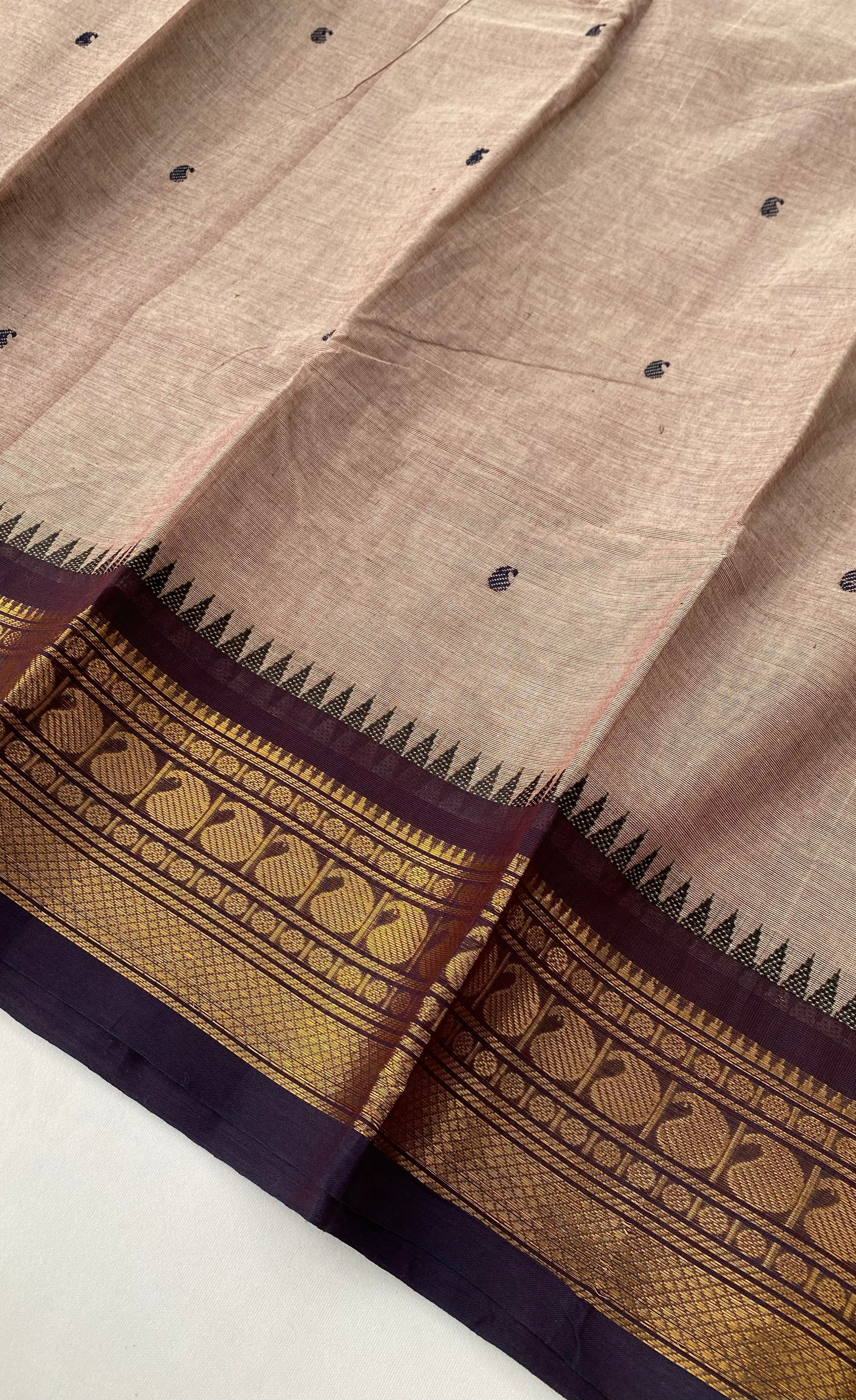 Chettinad Cotton Saree - Brownish cream tone and Dark brown shade