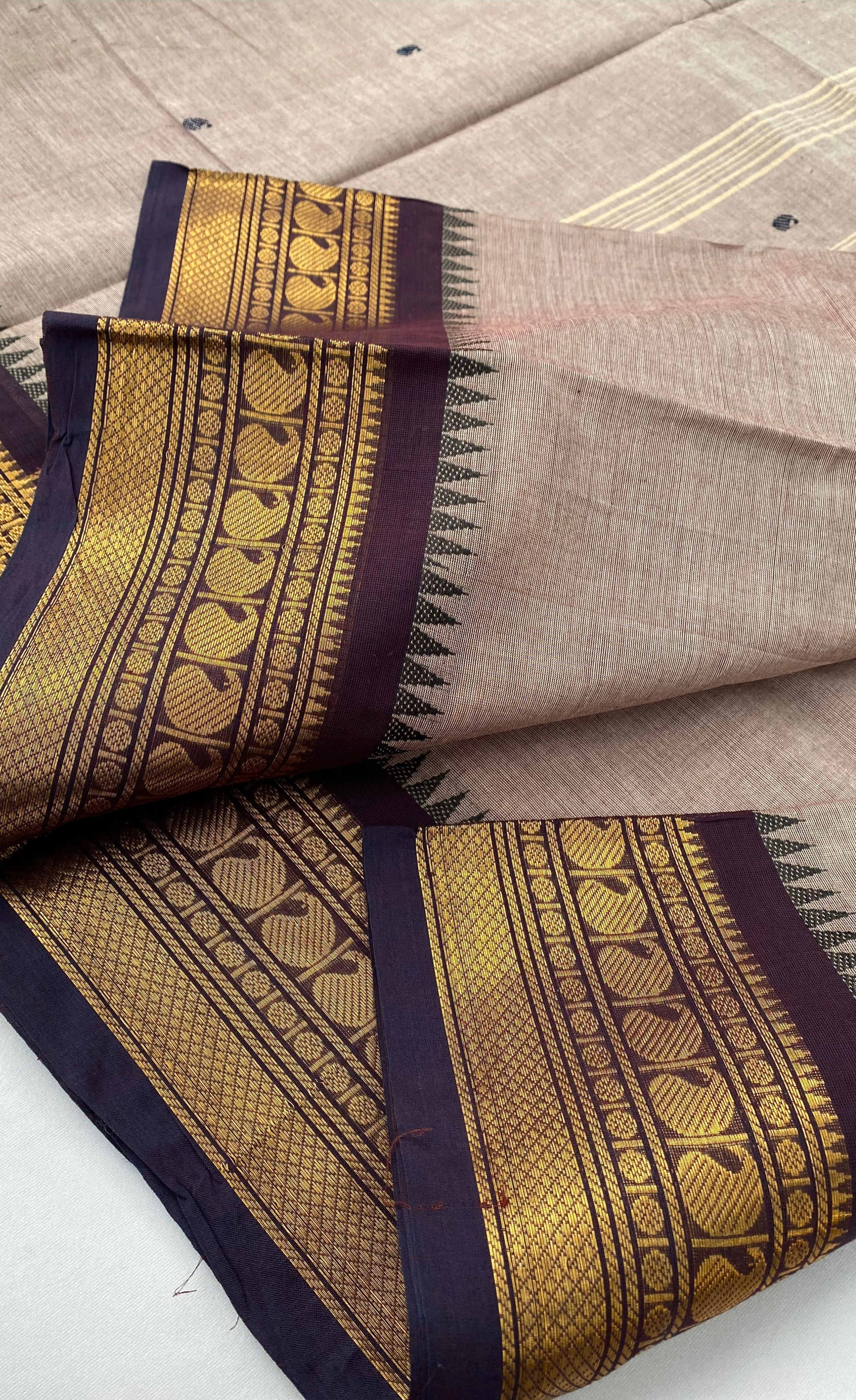 Chettinad Cotton Saree - Brownish cream tone and Dark brown shade