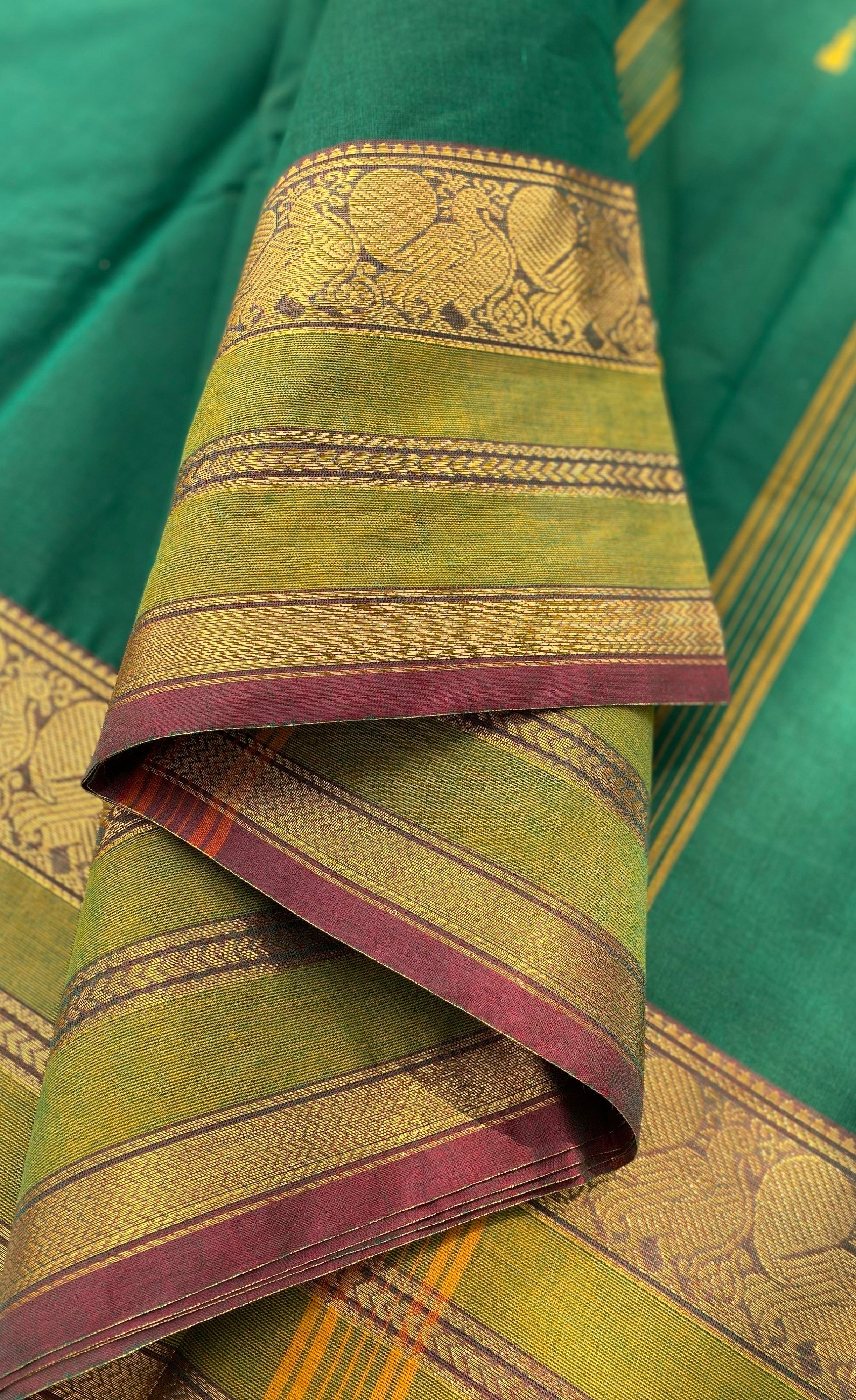Chettinad Cotton Saree - Dark green shade and Light green tone