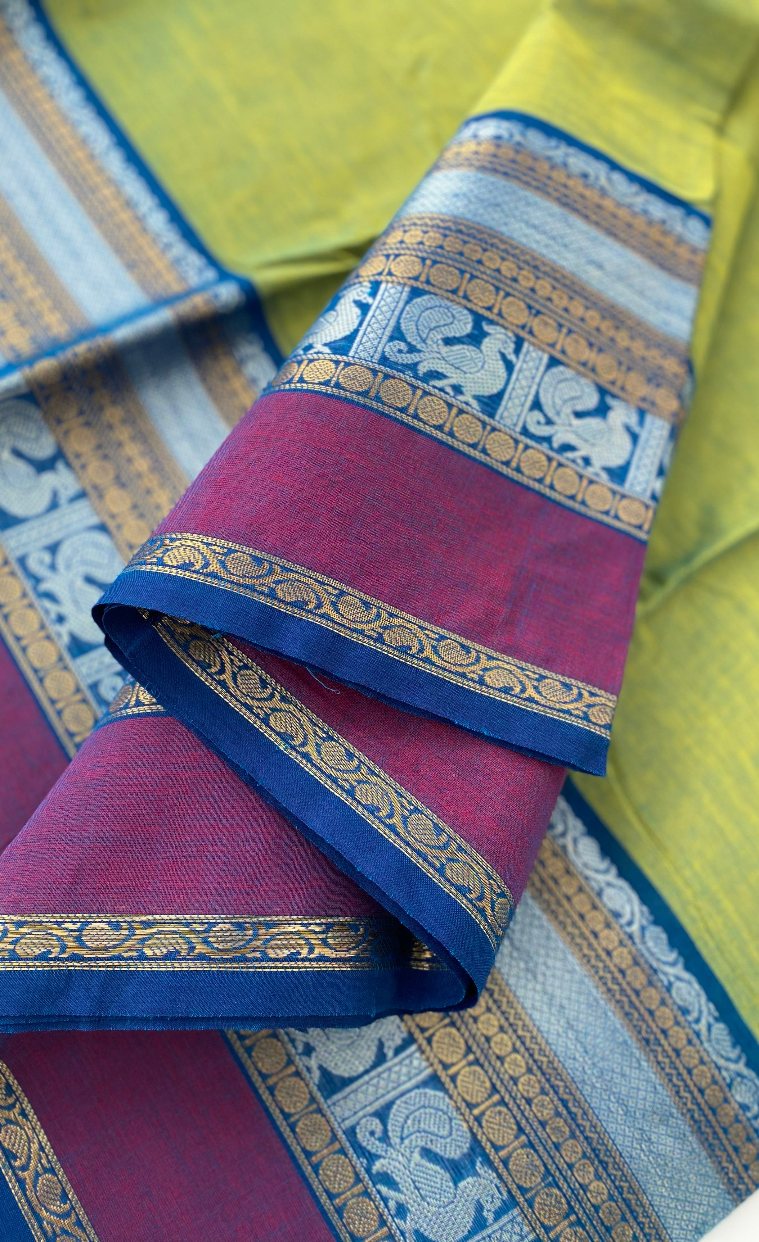Chettinad Cotton Saree - Parrot green tone and Blue shade