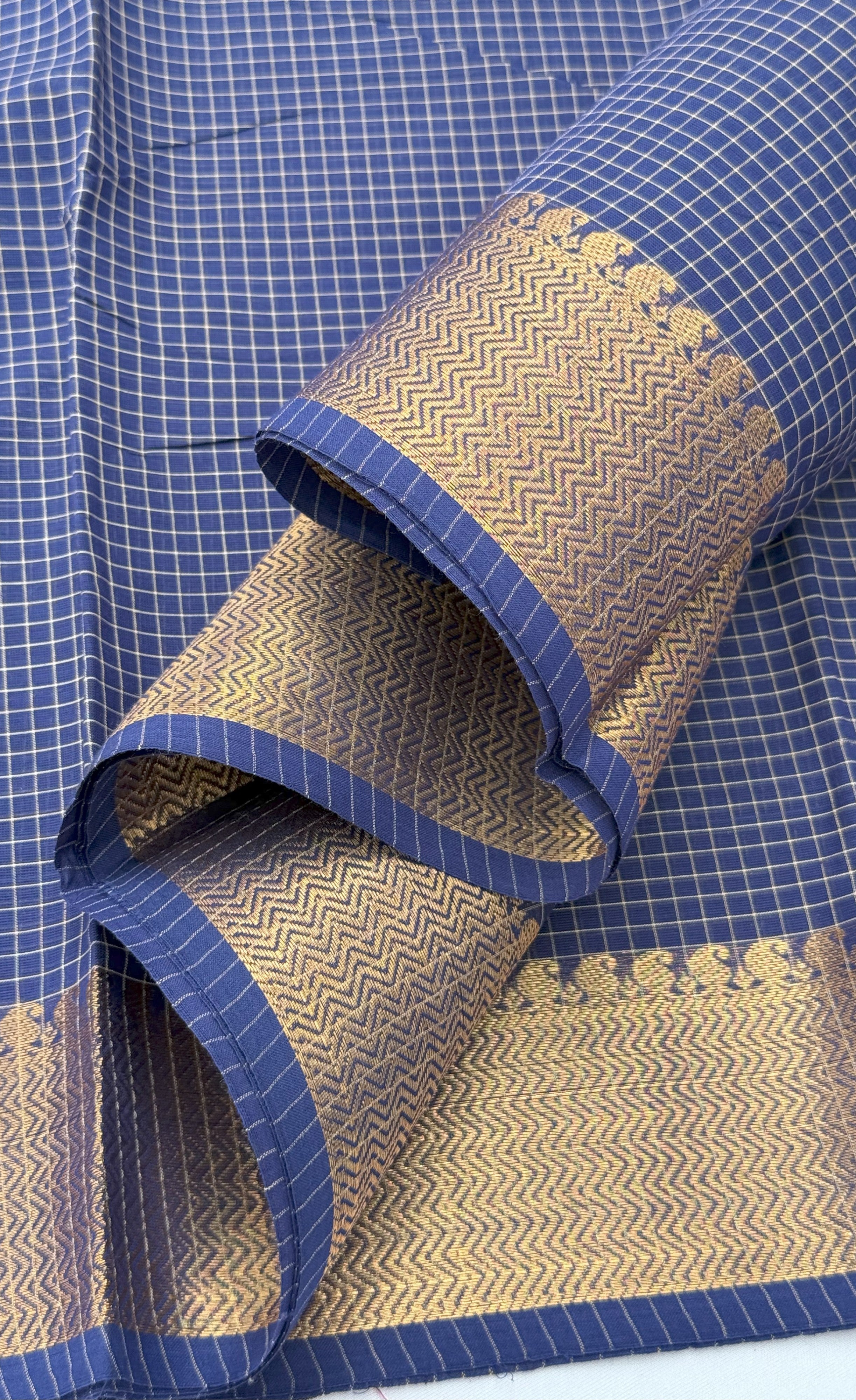 Chettinad Cotton Saree - Ink blue shade and Gold tone