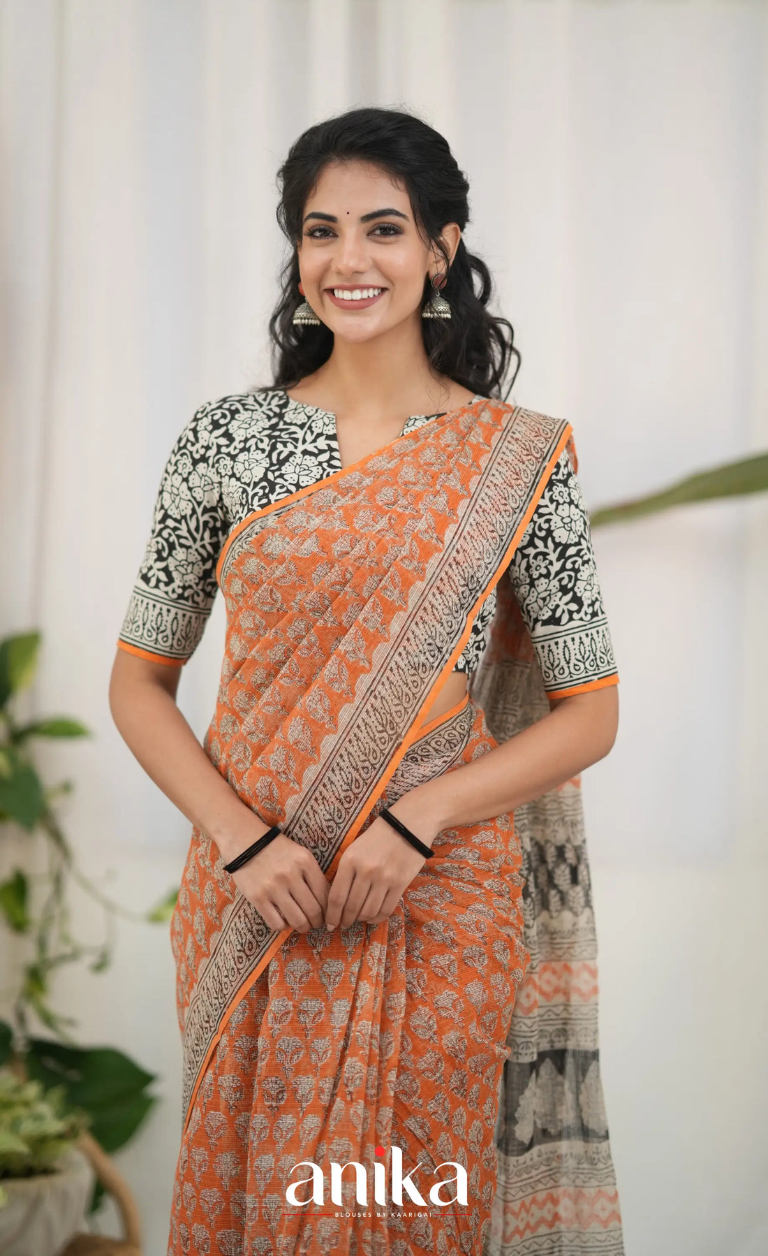 Black and Orange- Hand Block Printed Cotton Blouse