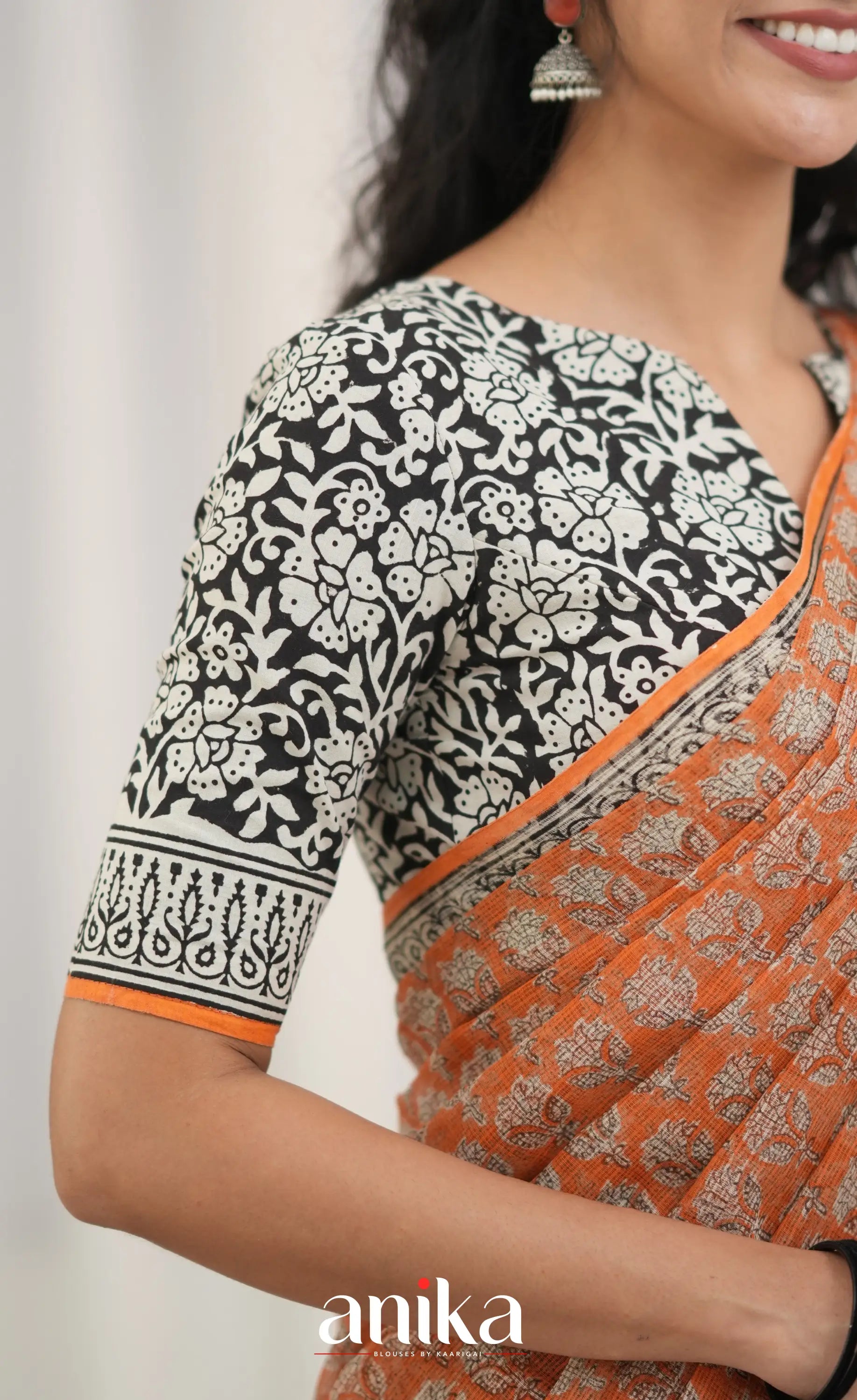 Black and Orange- Hand Block Printed Cotton Blouse
