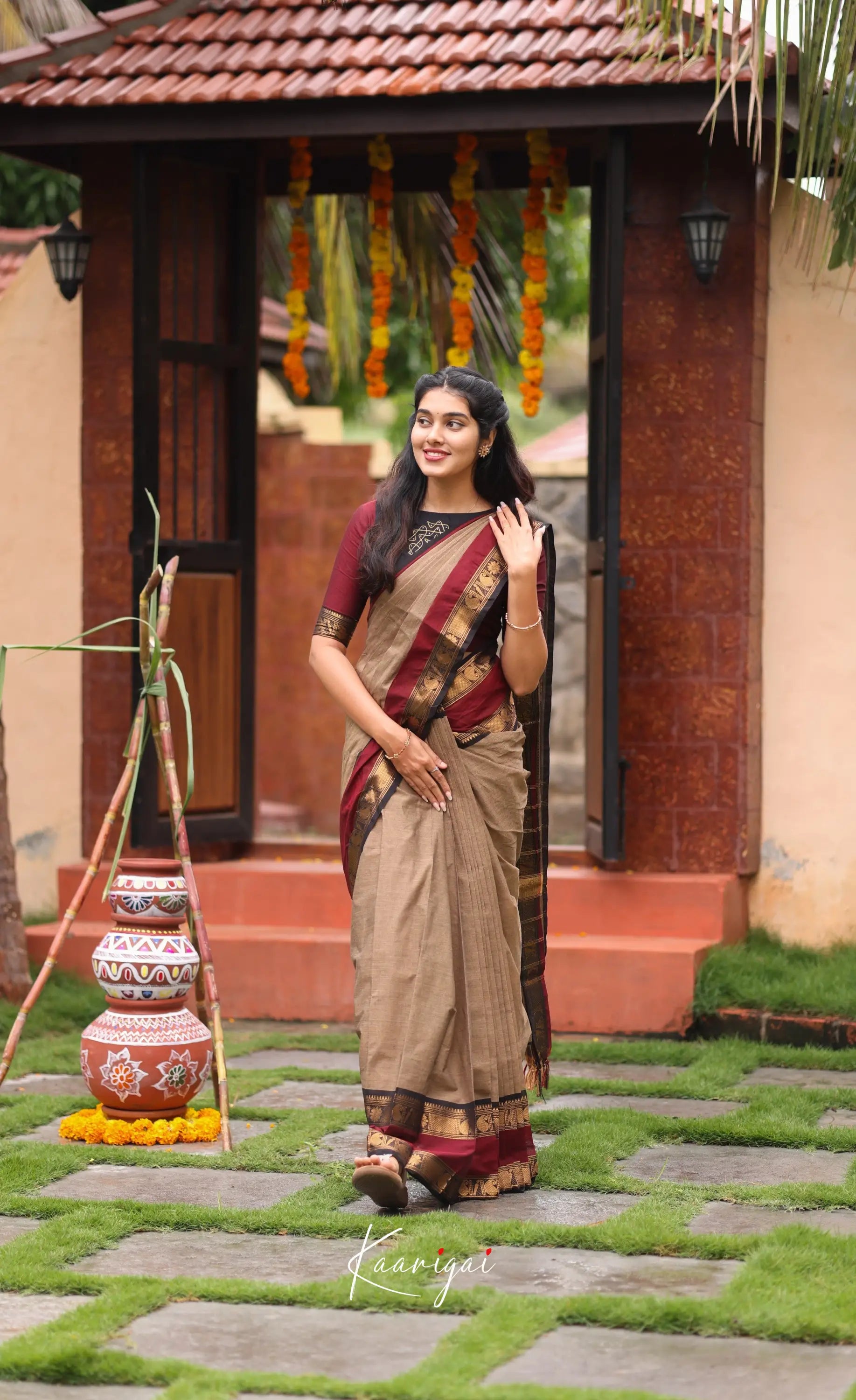Chettinad Cotton Saree - Beige and Dark Maroon Sarees