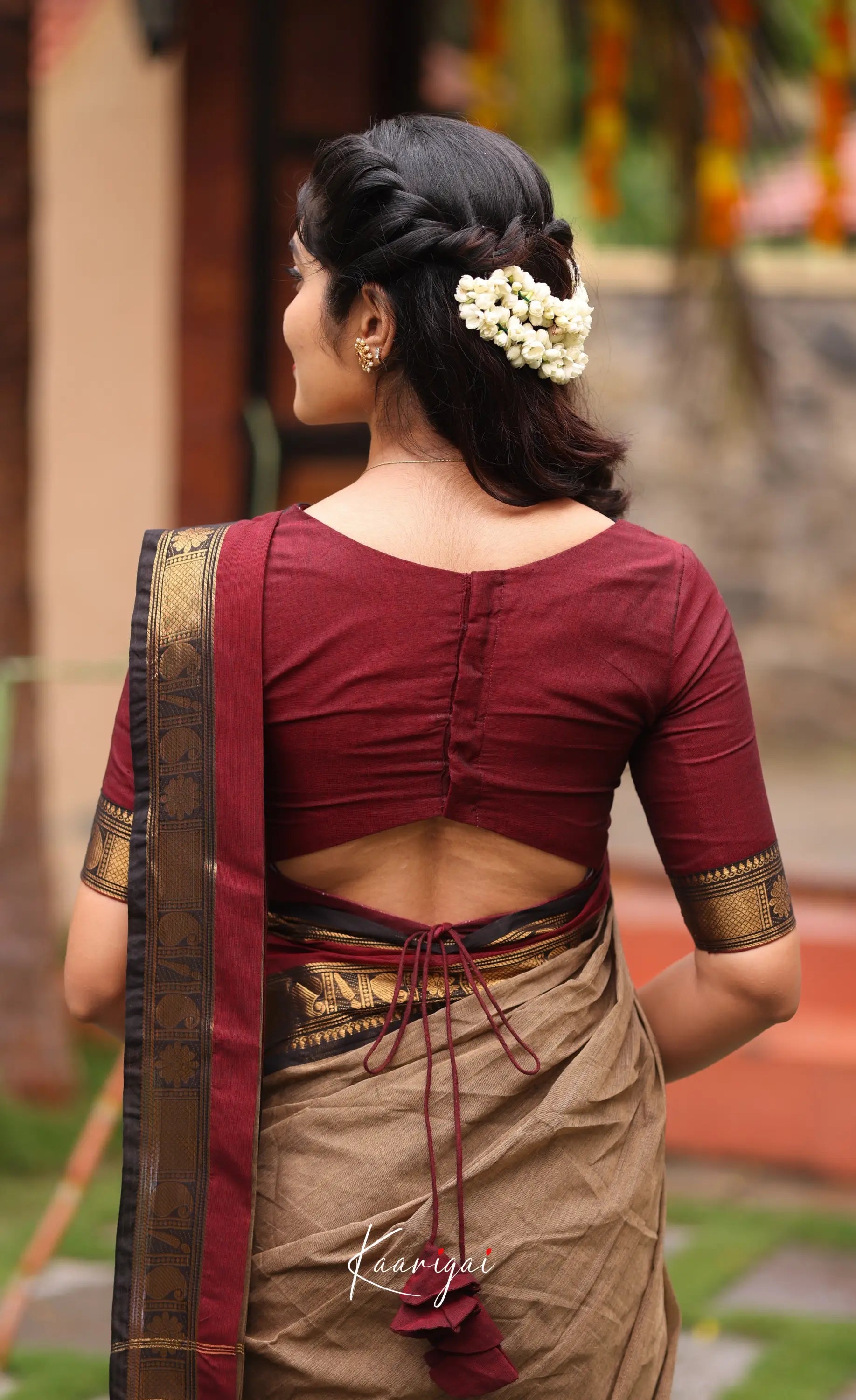 Chettinad Cotton Saree - Beige and Dark Maroon Sarees