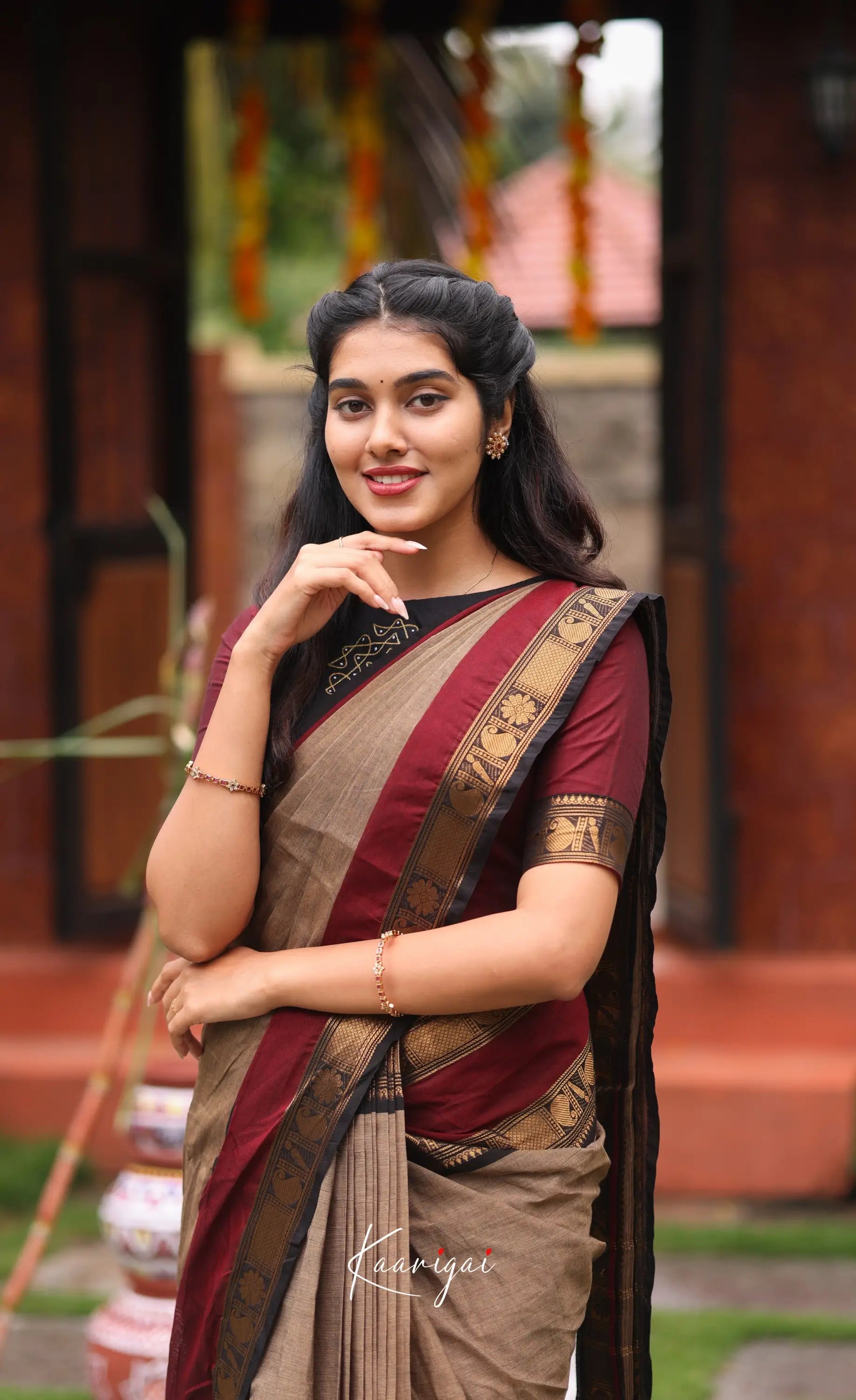 Chettinad Cotton Saree - Beige and Dark Maroon Sarees