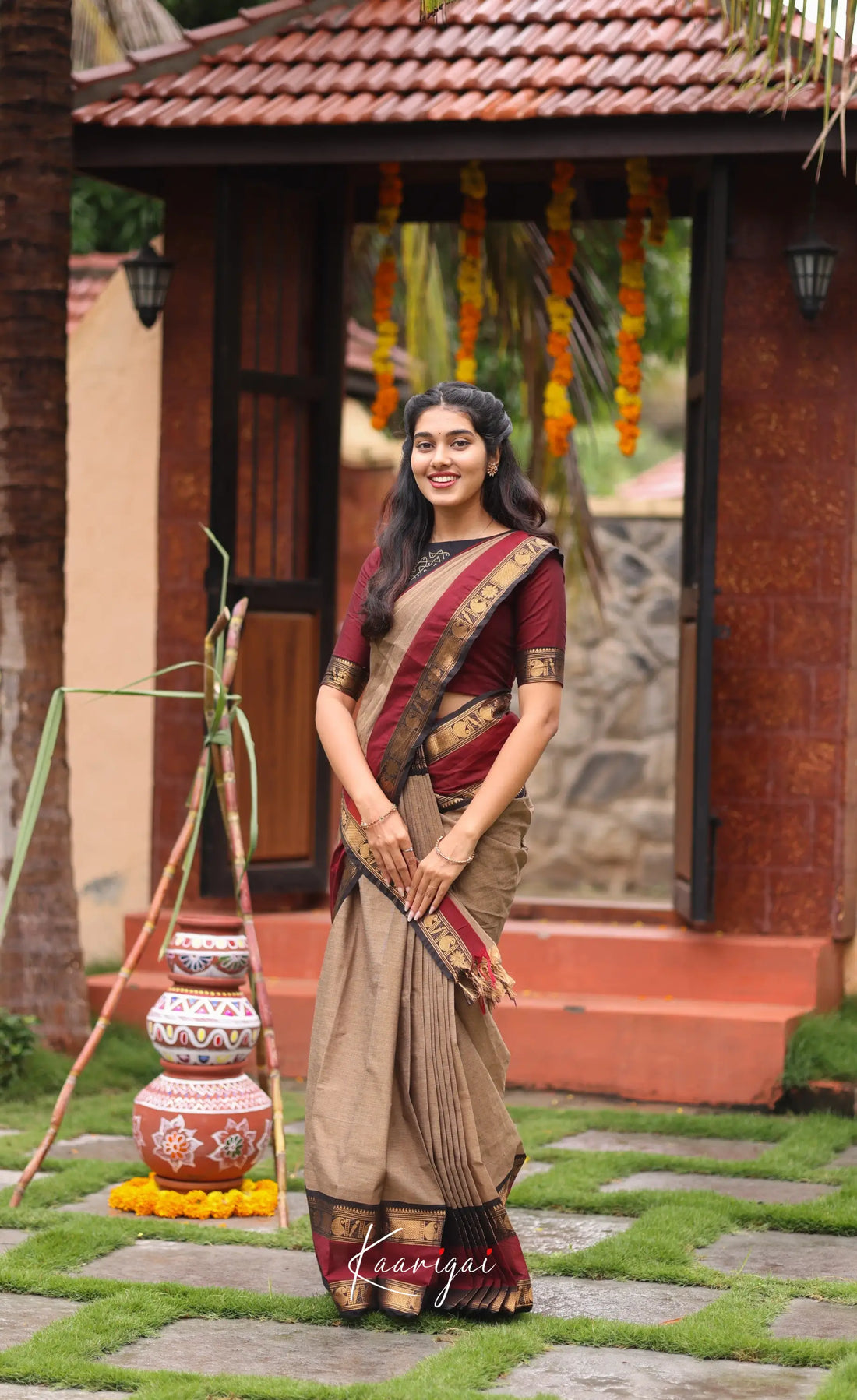 Chettinad Cotton Saree - Beige and Dark Maroon Sarees