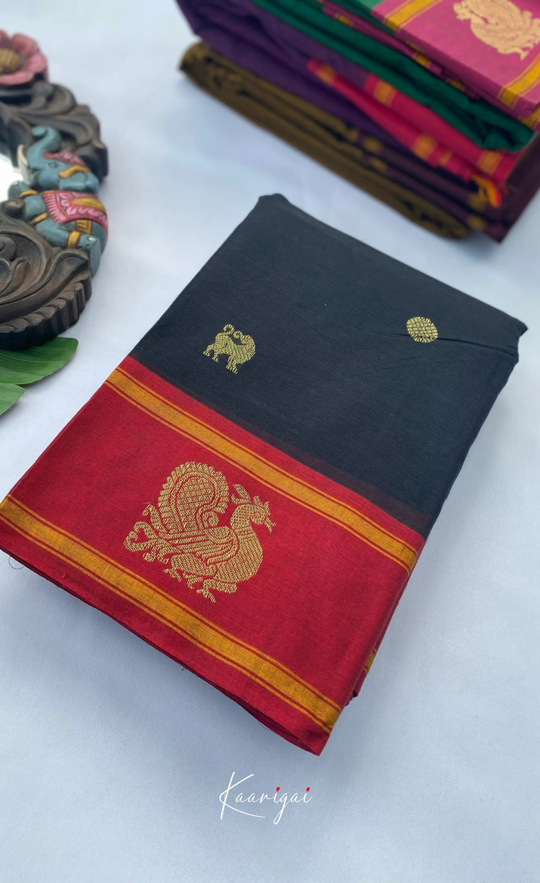 Chettinad Cotton Saree - Black with Reddish Maroon Sarees