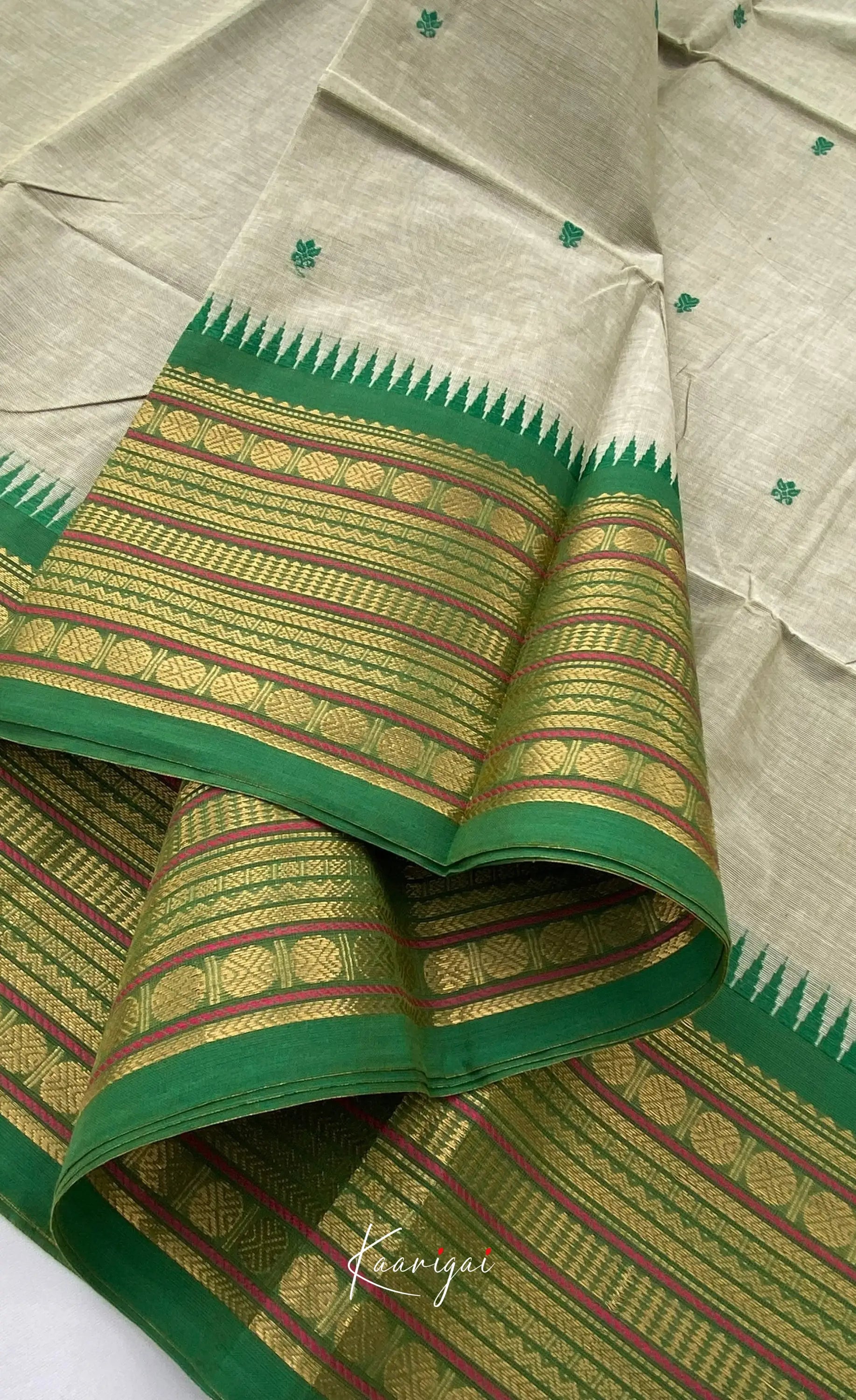 Chettinad Cotton Saree - Grey with Dark Green Sarees