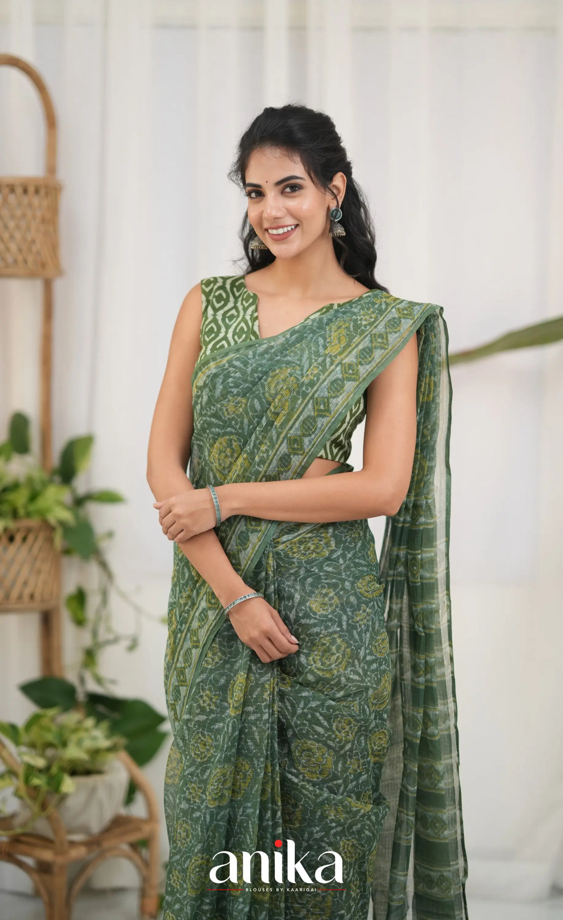 Dark Olive Green- Hand Block Printed Cotton Blouse