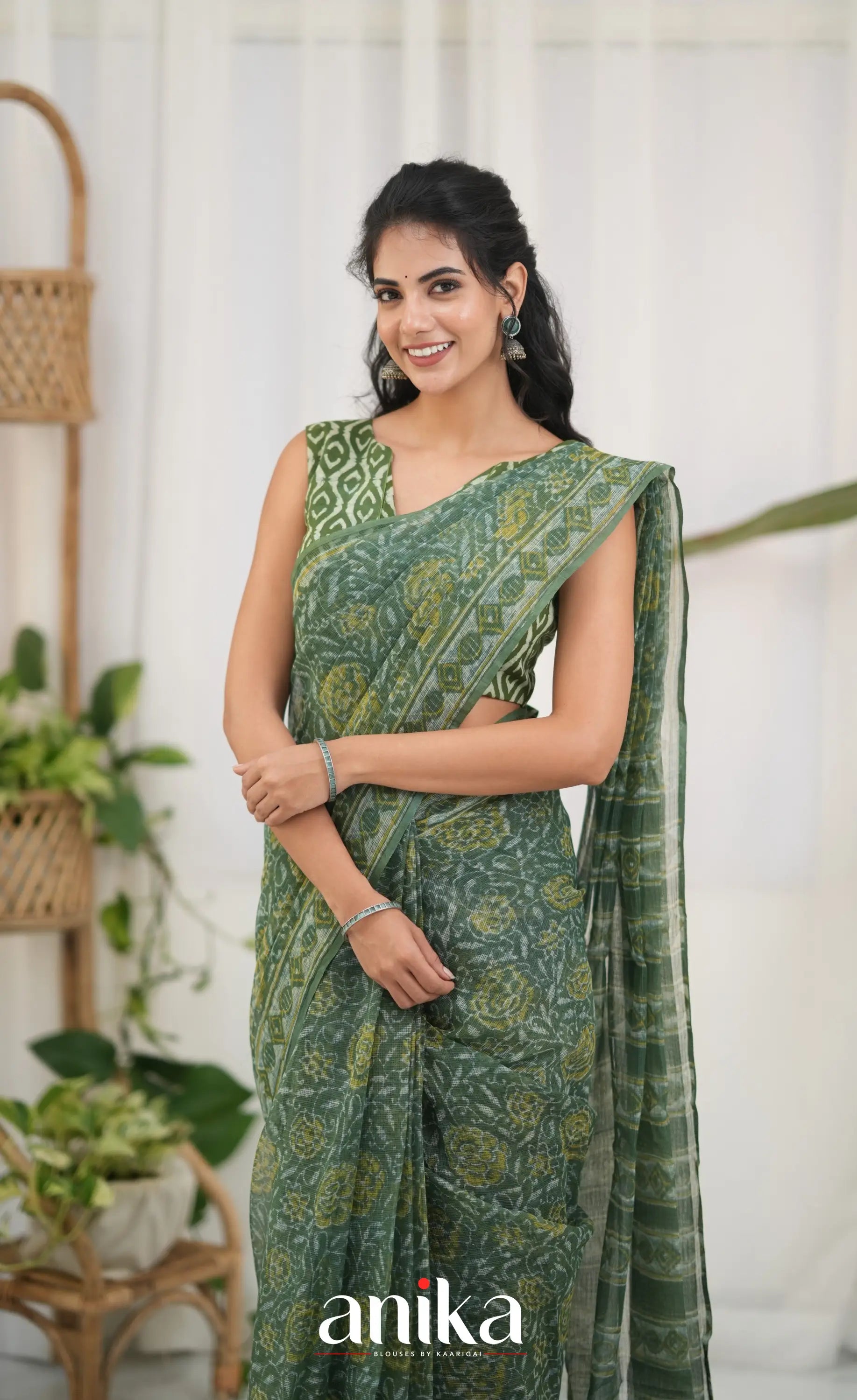 Dark Olive Green- Hand Block Printed Cotton Blouse