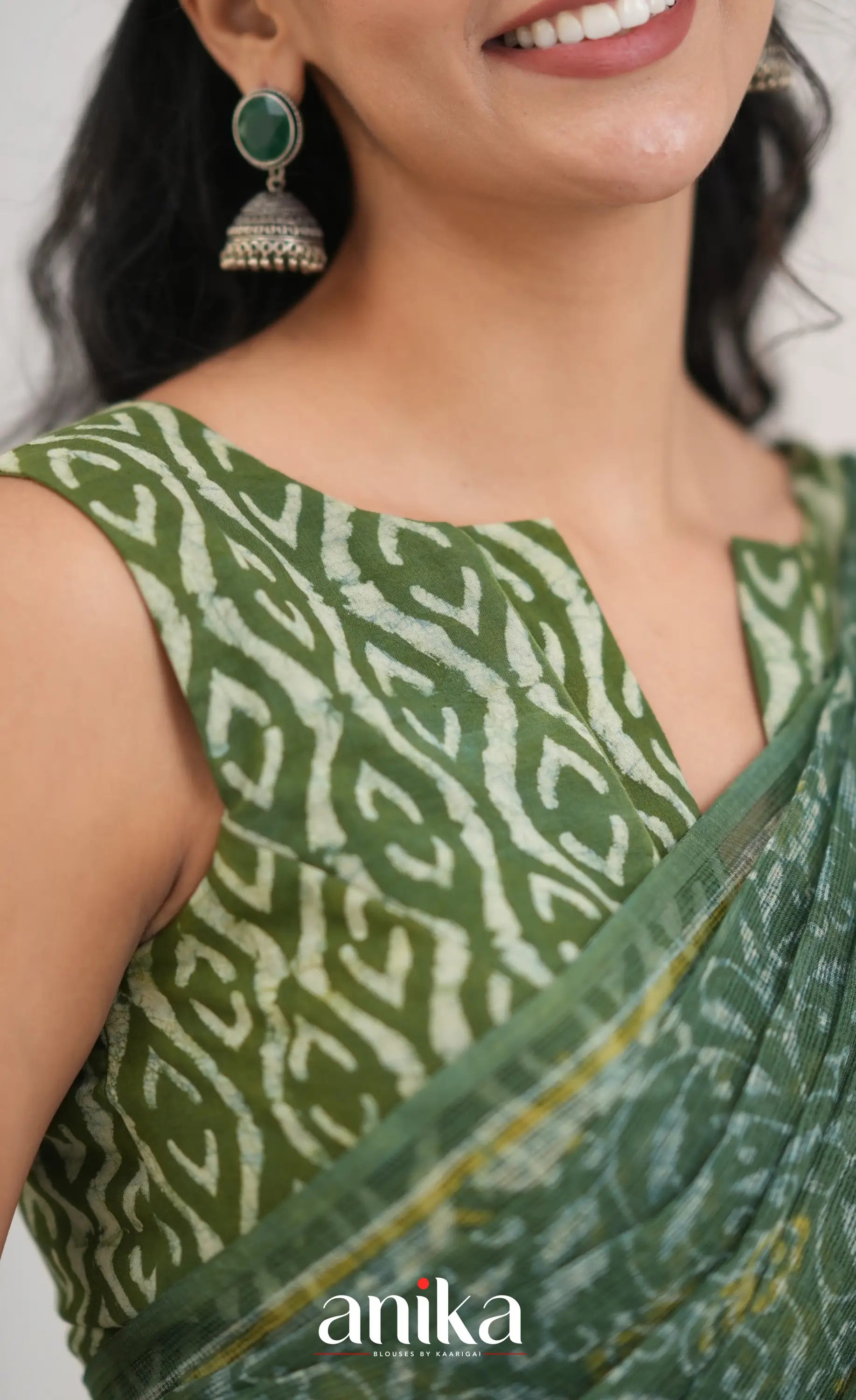 Dark Olive Green- Hand Block Printed Cotton Blouse