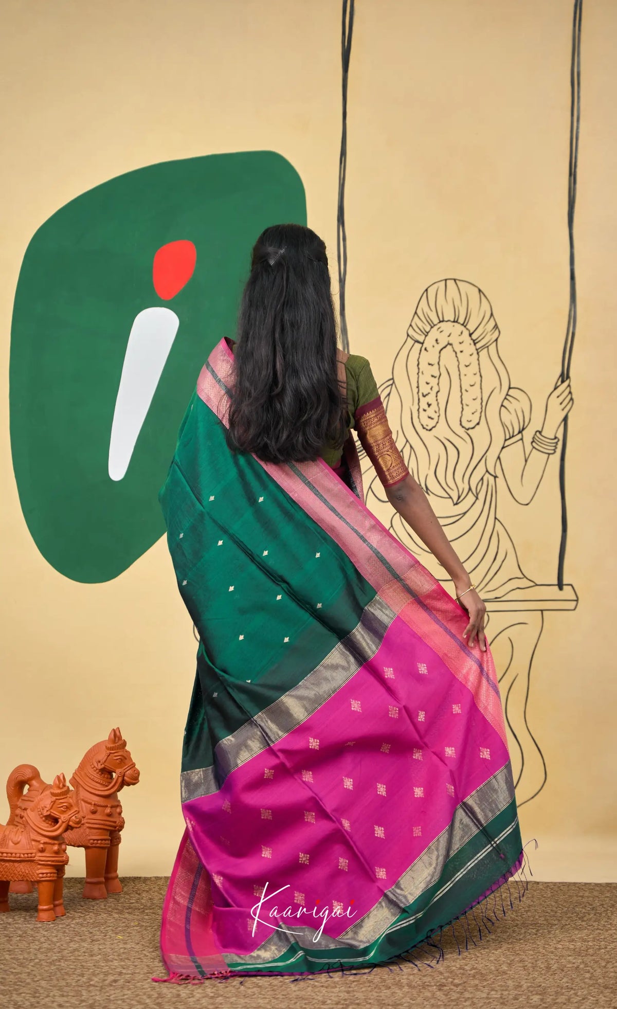 Maanvi Maheswari Silk Cotton Saree - Deep green and Bright pink - Sarees