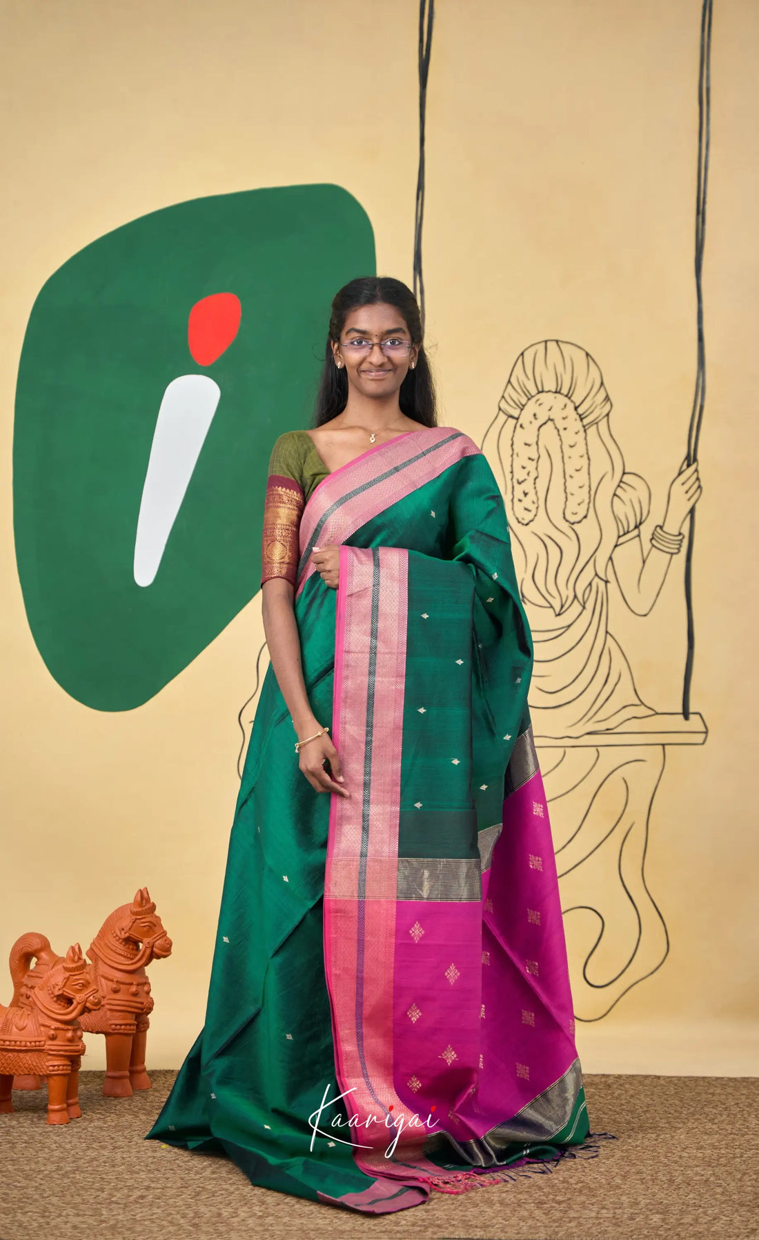 Maanvi Maheswari Silk Cotton Saree - Deep green and Bright pink - Sarees
