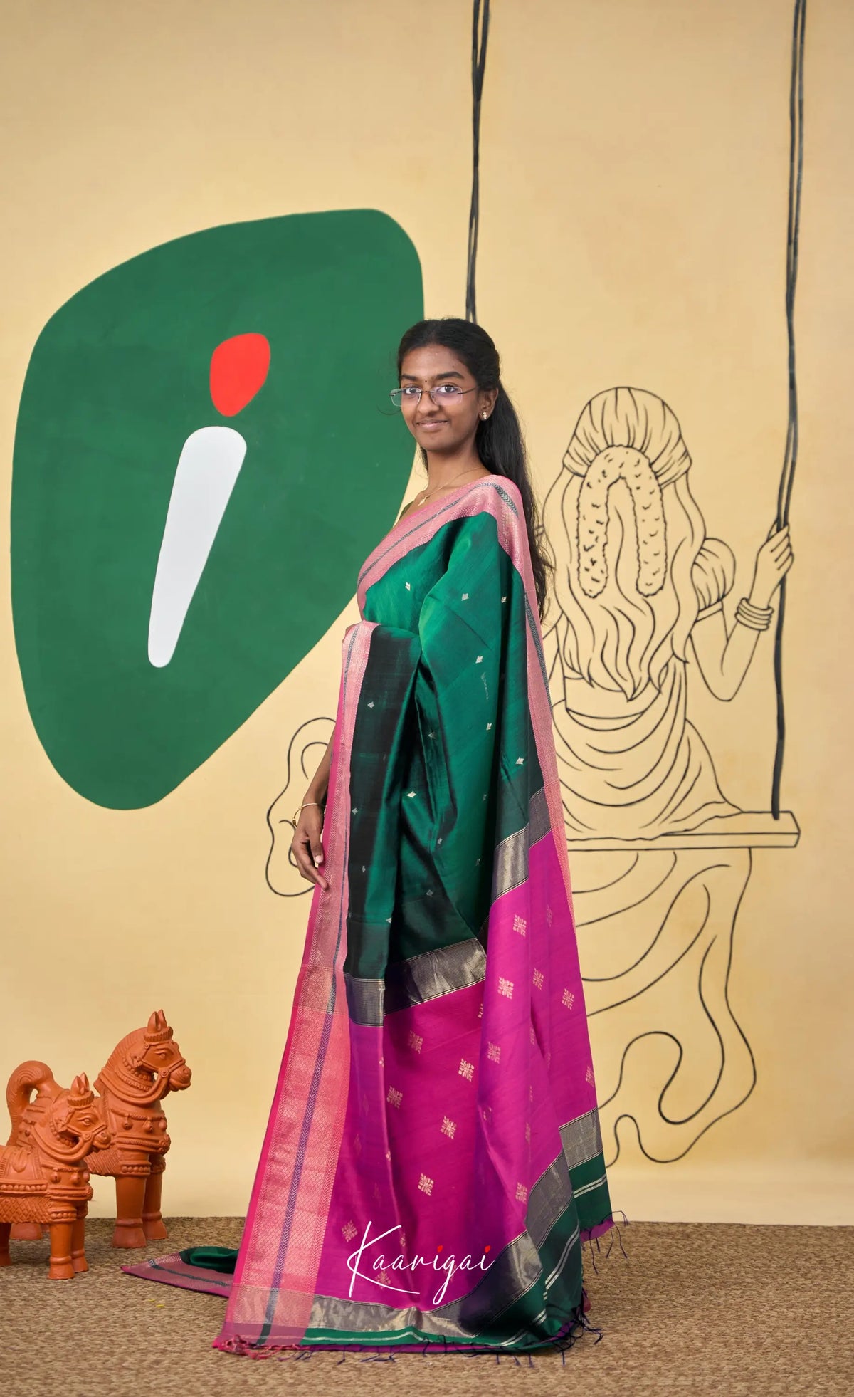 Maanvi Maheswari Silk Cotton Saree - Deep green and Bright pink - Sarees