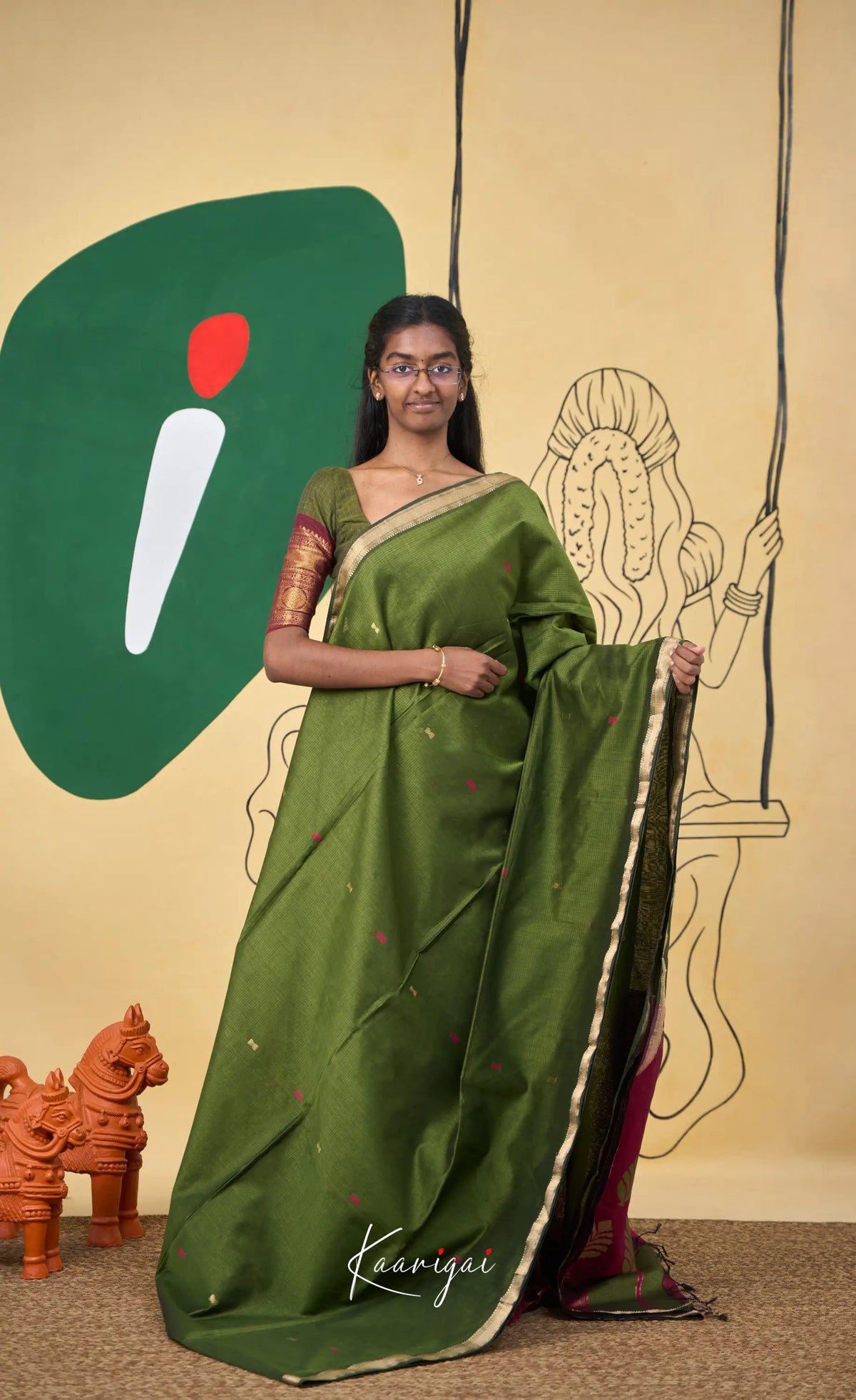 Maanvi Maheswari Silk Cotton Saree - Henna green and Pinkish maroon - Sarees