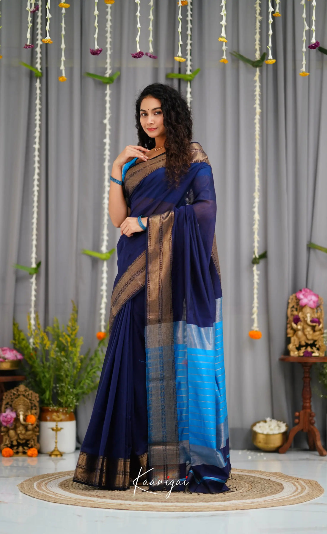 Maanvi Maheswari Silk Cotton Saree - Navy Blue and Light Blue Sarees