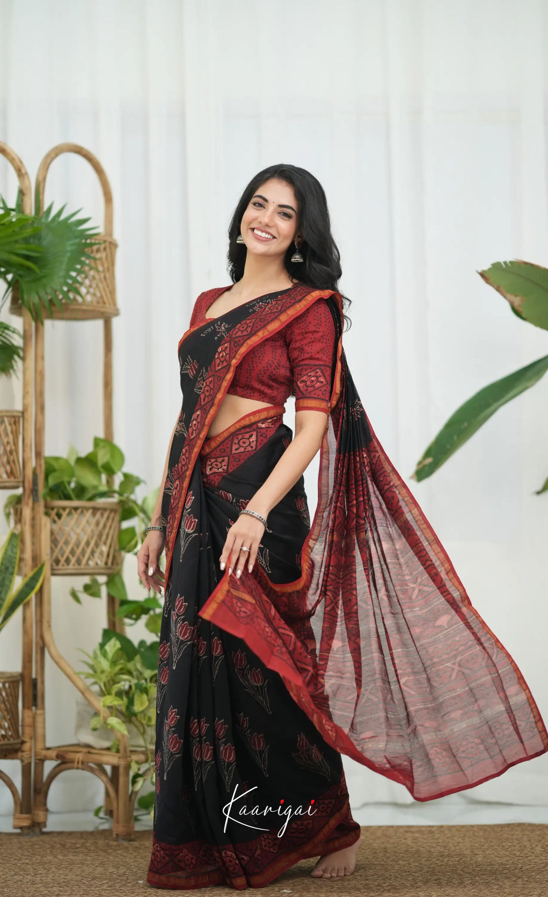 Mayuri Hand Block printed Maheswari Saree - Black and Red Sarees