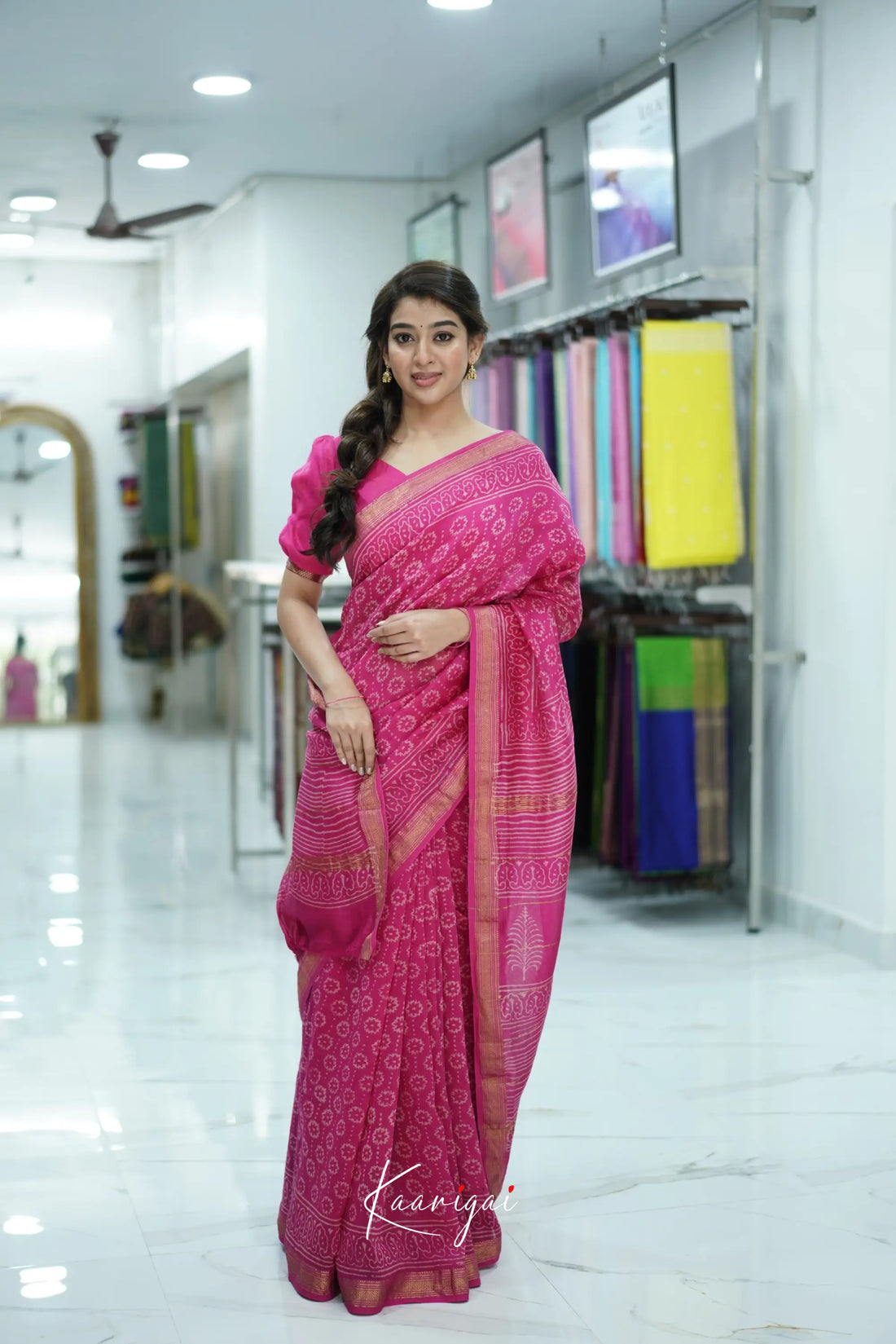 Mayuri Hand Block printed Maheswari Saree - Rani Pink Sarees