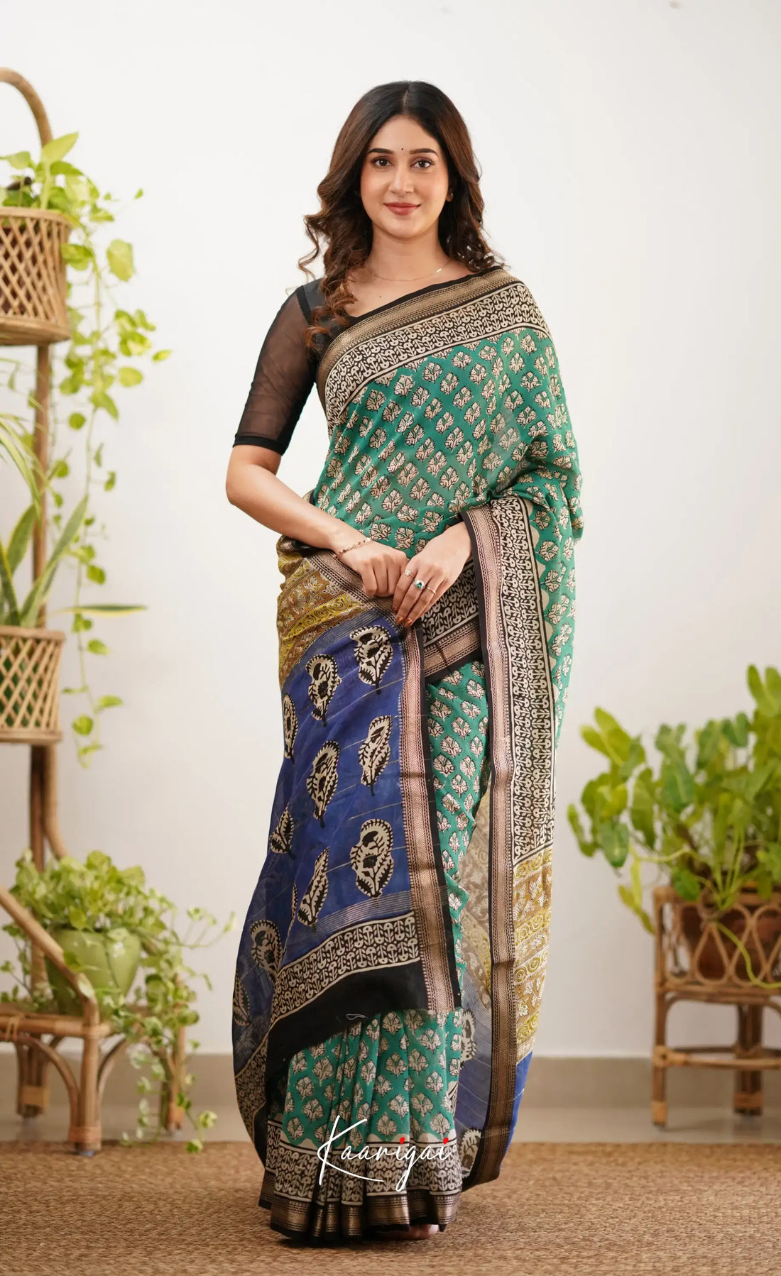 Mayuri Maheswari Saree - Teal Green And Black Sarees