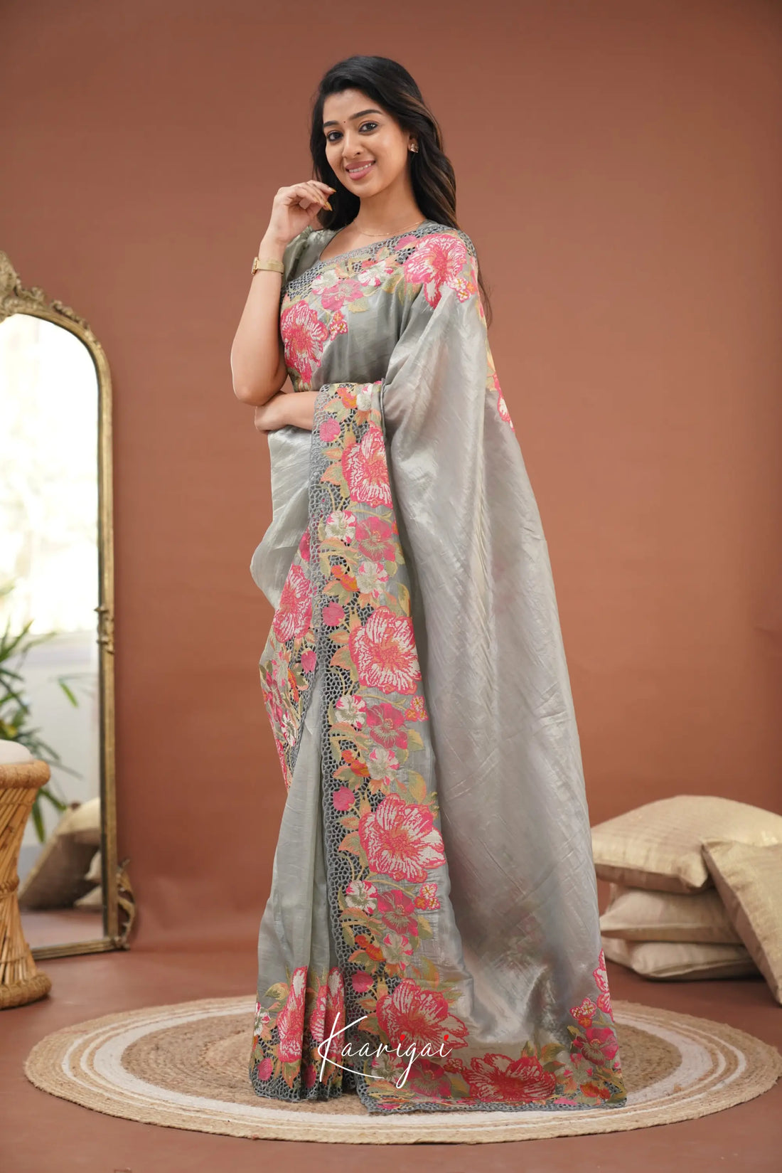 Nakshatra Crushed Tissue Saree - Grey Sarees