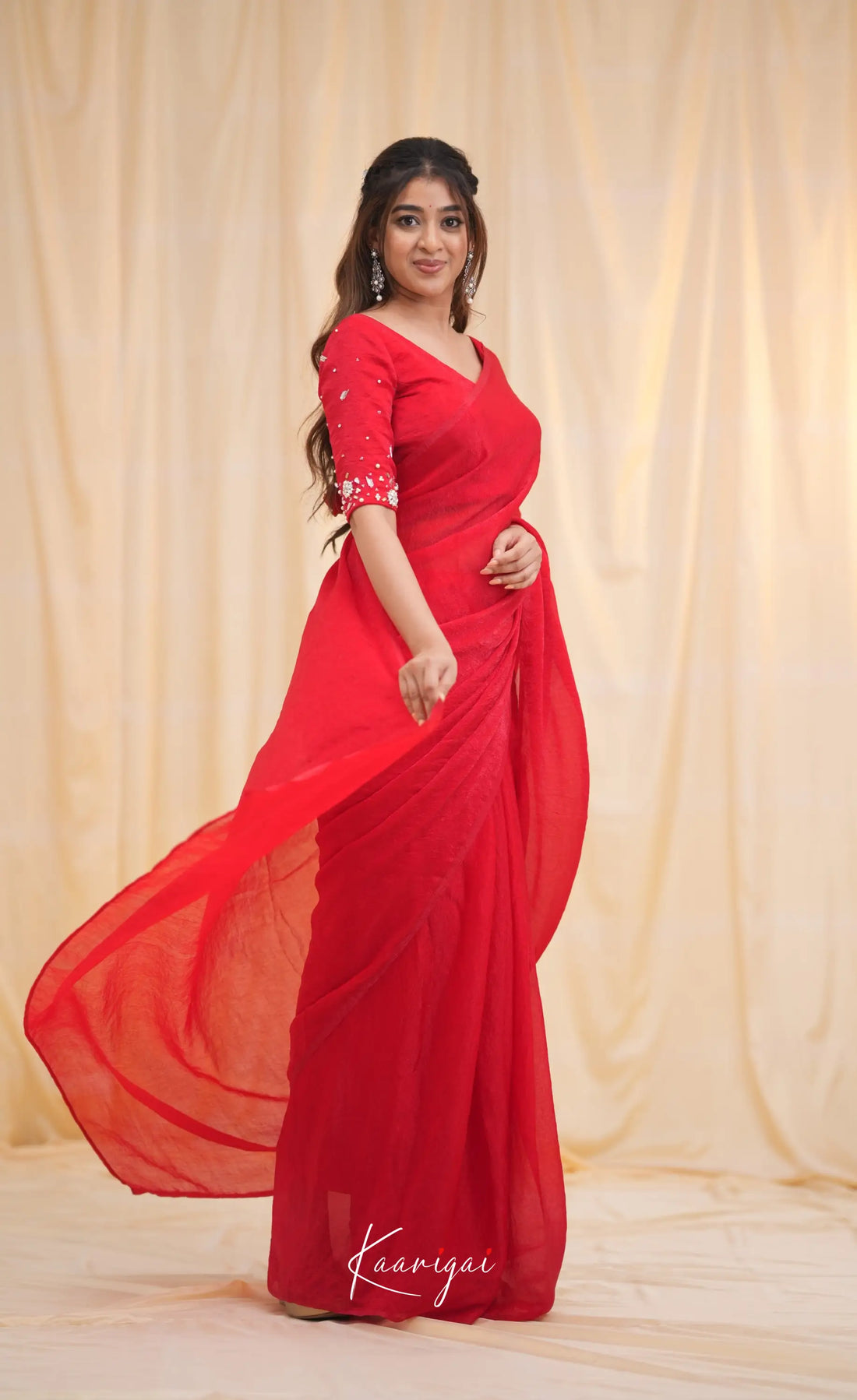 Nakshatra Metallic Crush Saree - Red Sarees