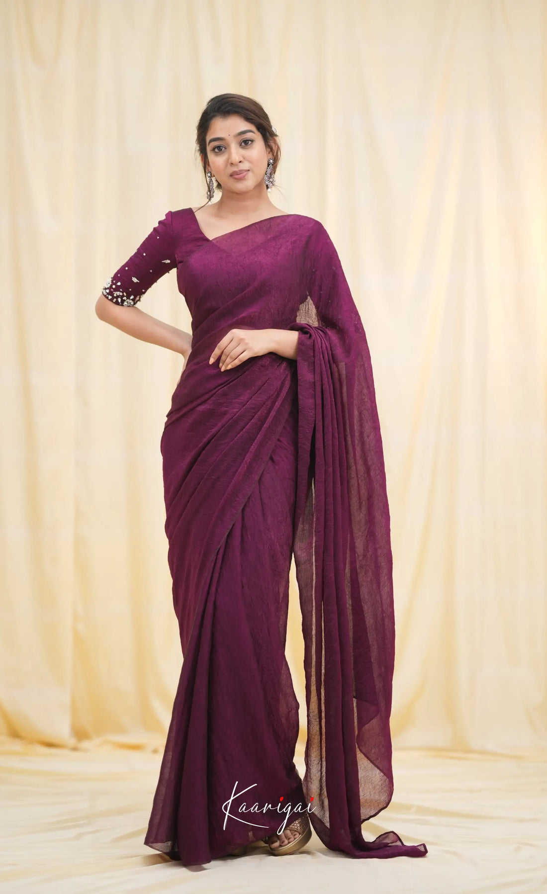 Nakshatra Metallic Crush Saree - Wine Sarees