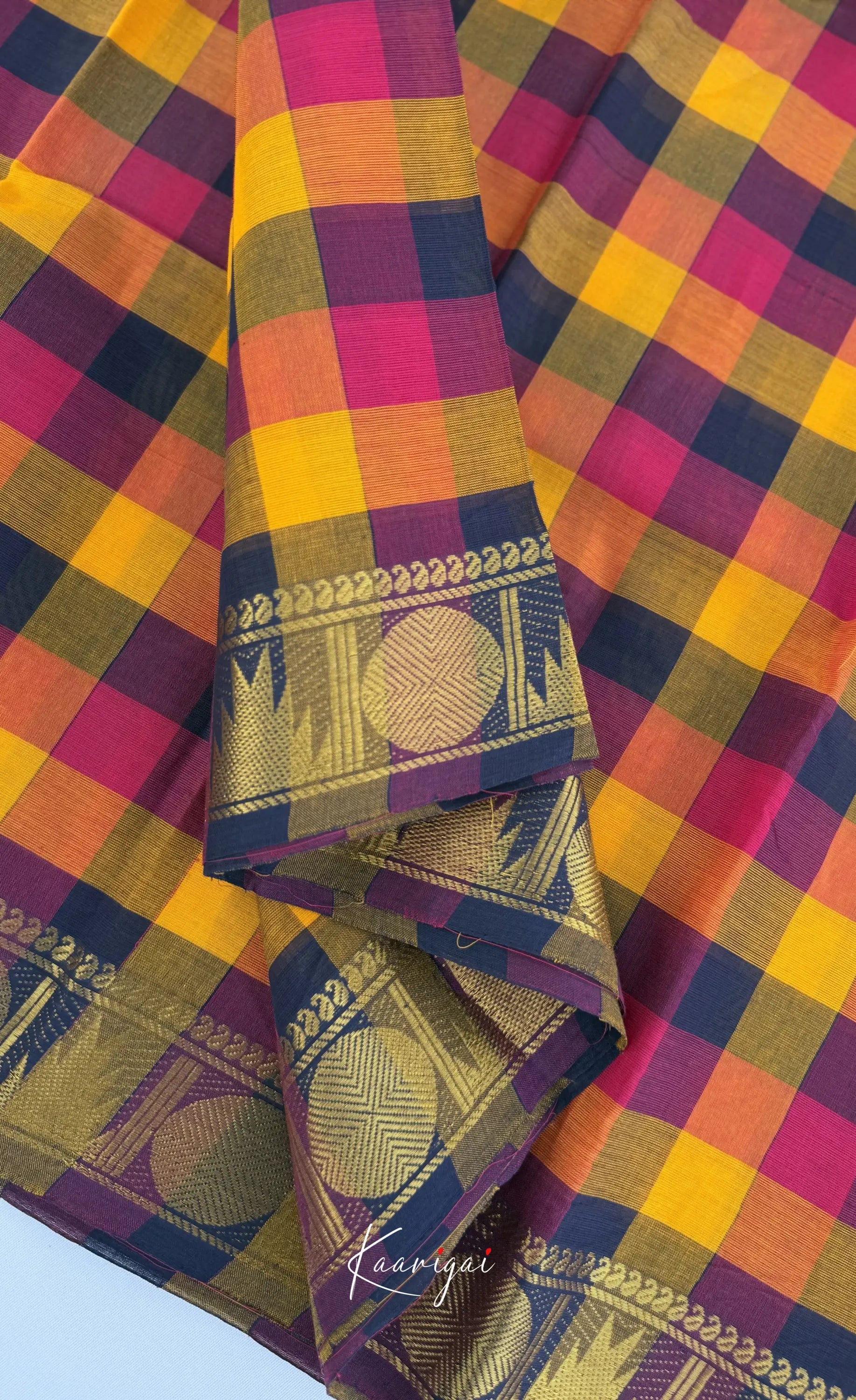 Nalinam - Blue and Orange Kandangi Checks Saree with Contrast Blouse - Sarees