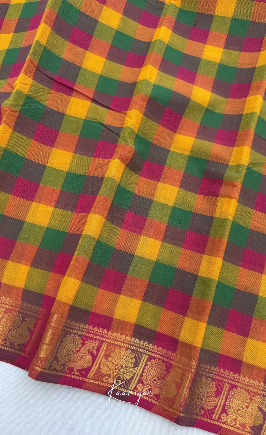 Nalinam - Bottle green and Pink Kandangi Checks Saree with Contrast Blouse - Sarees