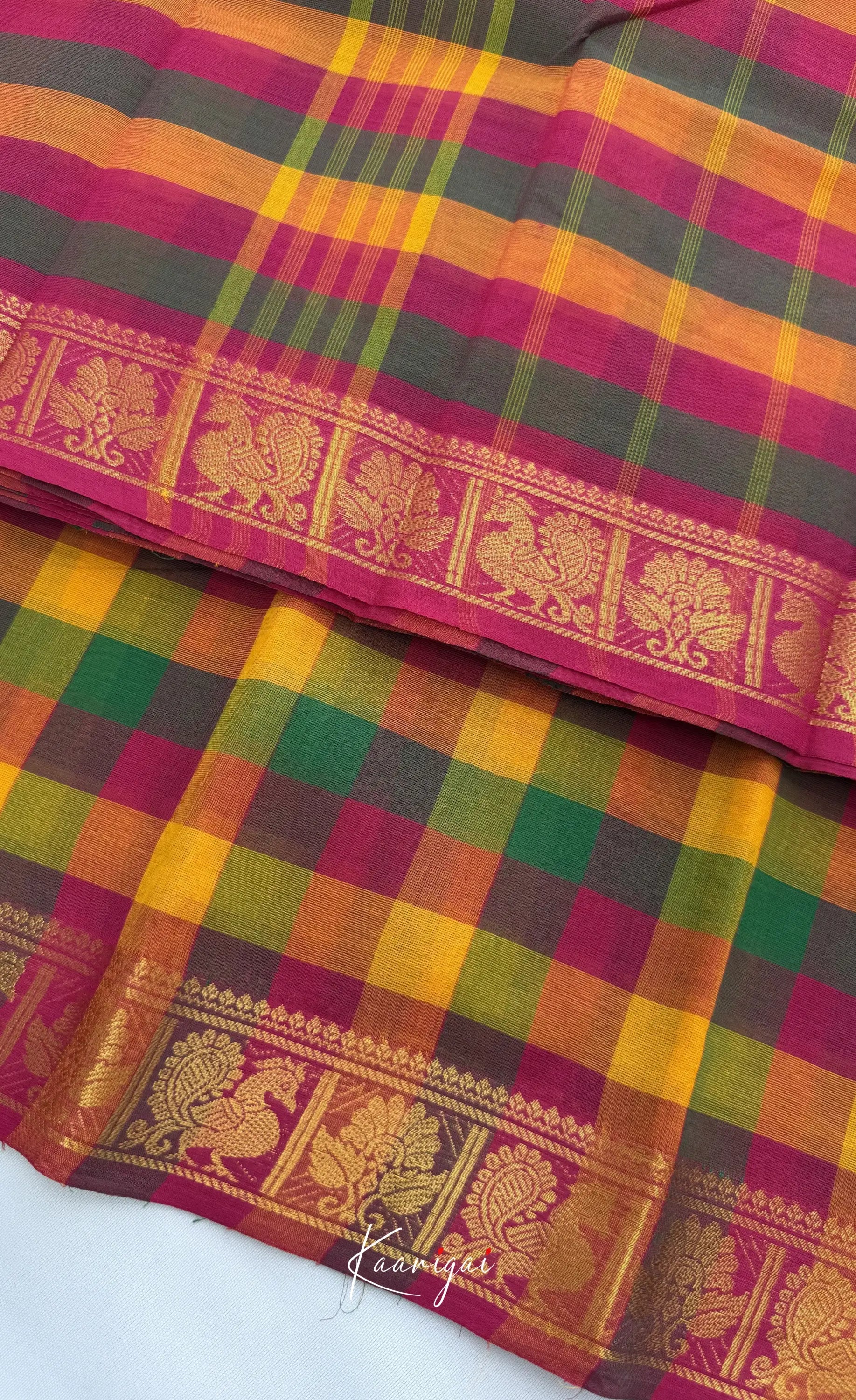 Nalinam - Bottle green and Pink Kandangi Checks Saree with Contrast Blouse - Sarees