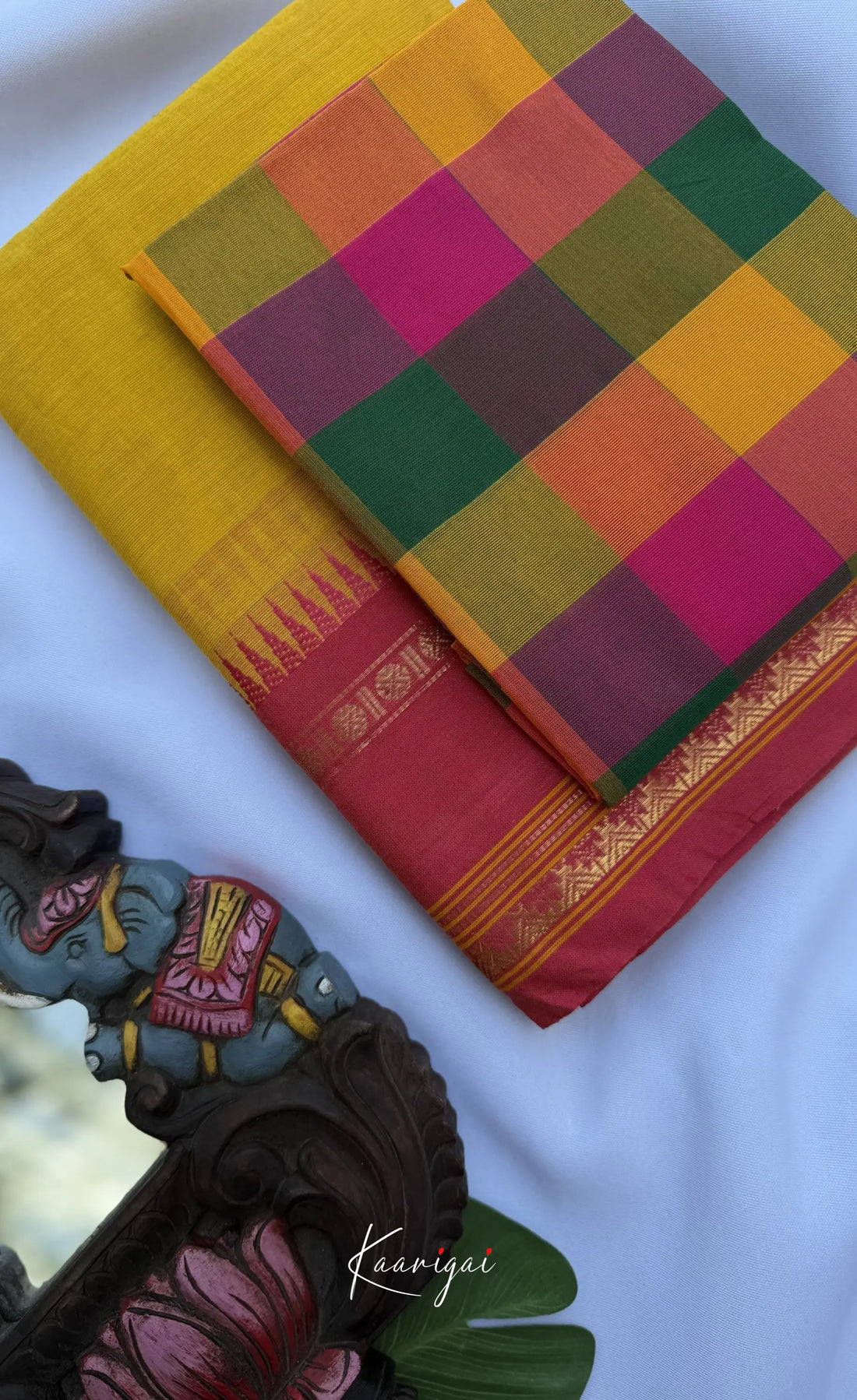 Nalinam - Bright Yellow Cotton Saree with Kandangi Checks Blouse - Sarees