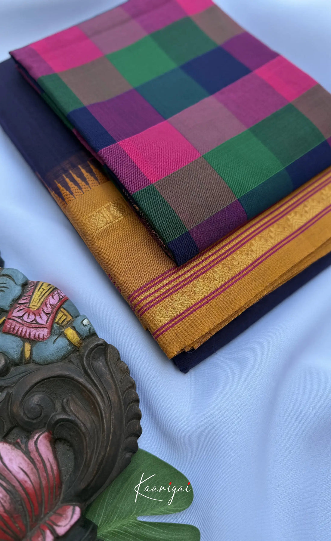 Nalinam - Dark Blue Cotton Saree with Kandangi Checks Blouse - Sarees