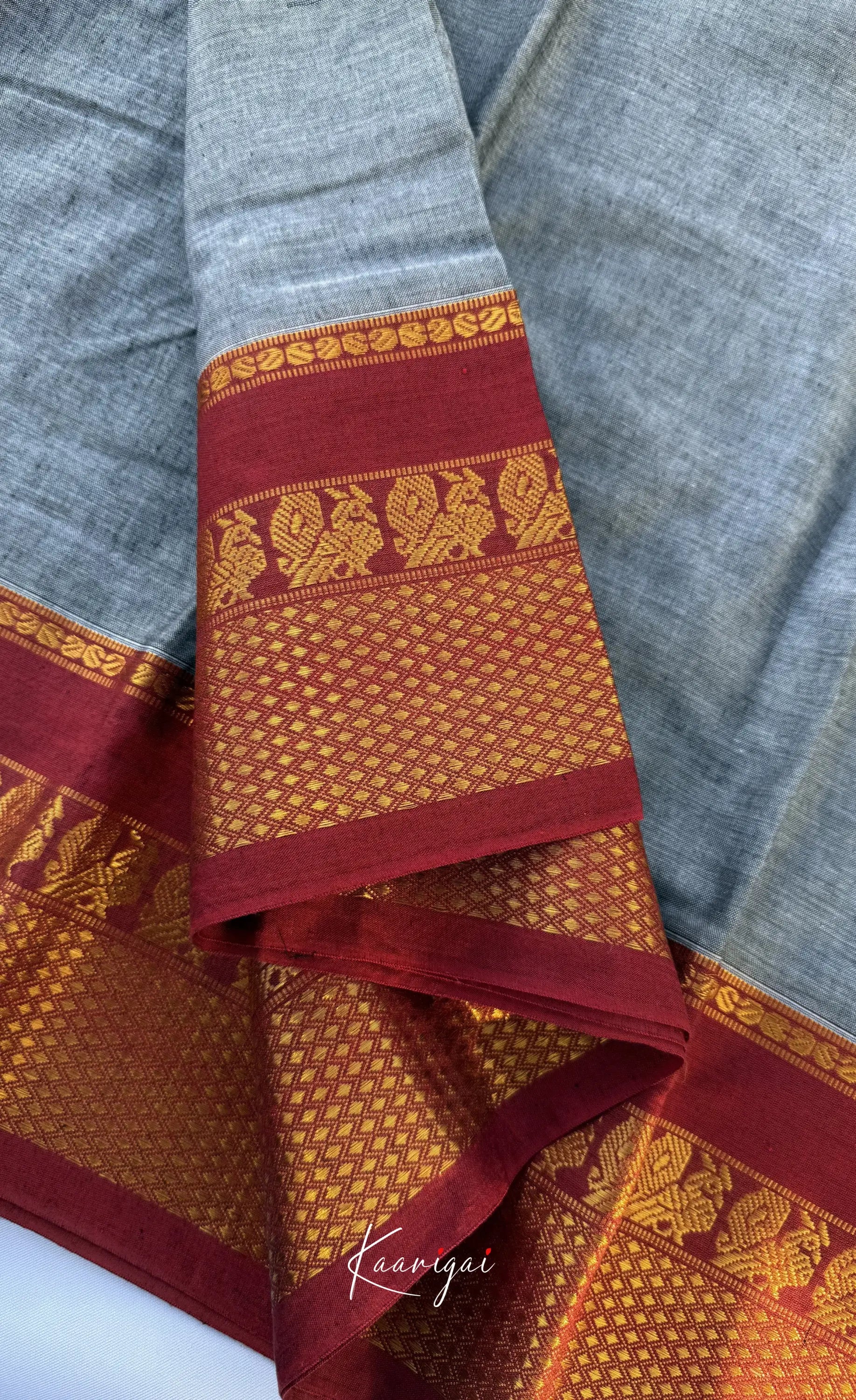 Nalinam - Grey and Reddish Maroon Chettinad Cotton Saree - Sarees