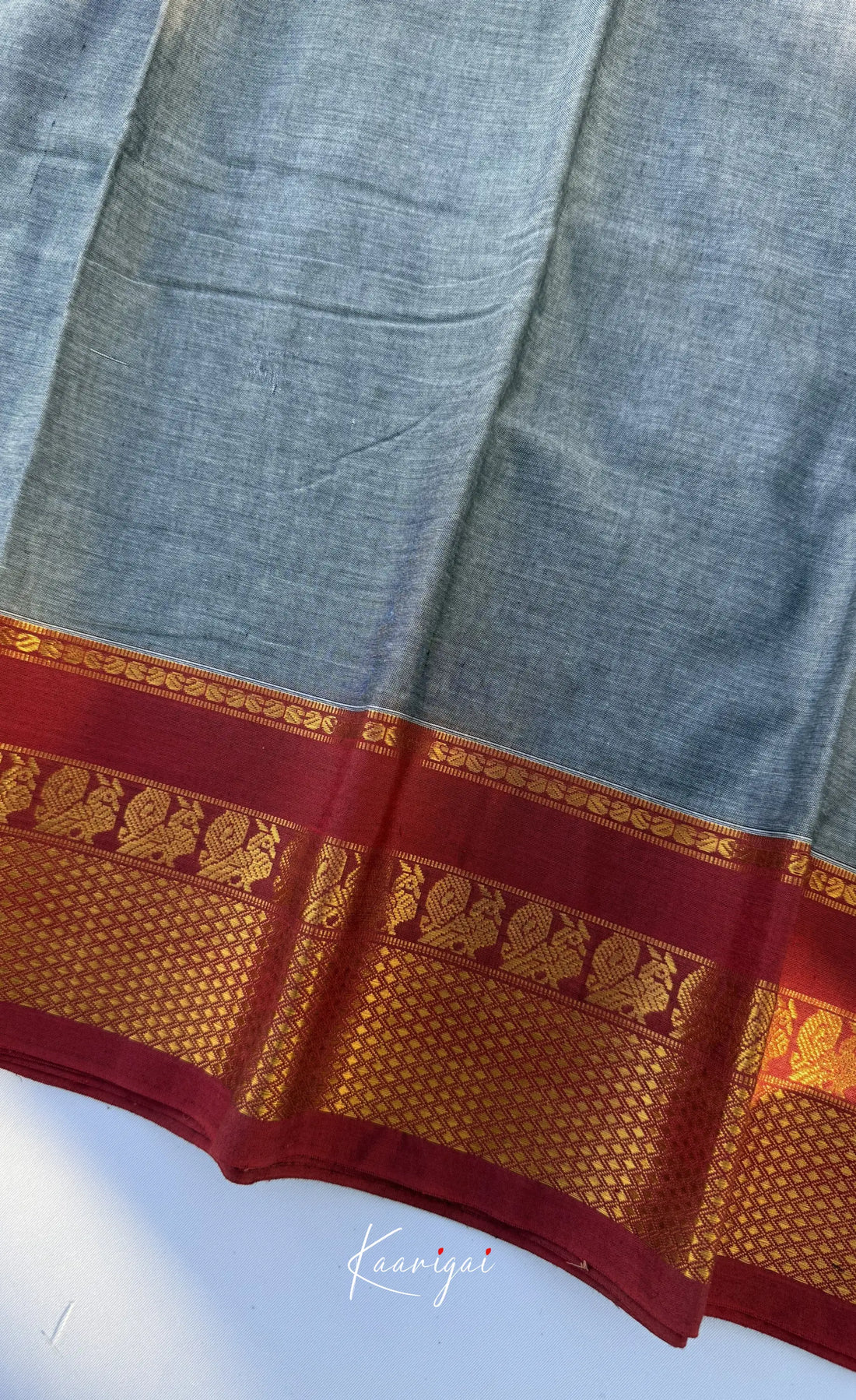 Nalinam - Grey and Reddish Maroon Chettinad Cotton Saree - Sarees