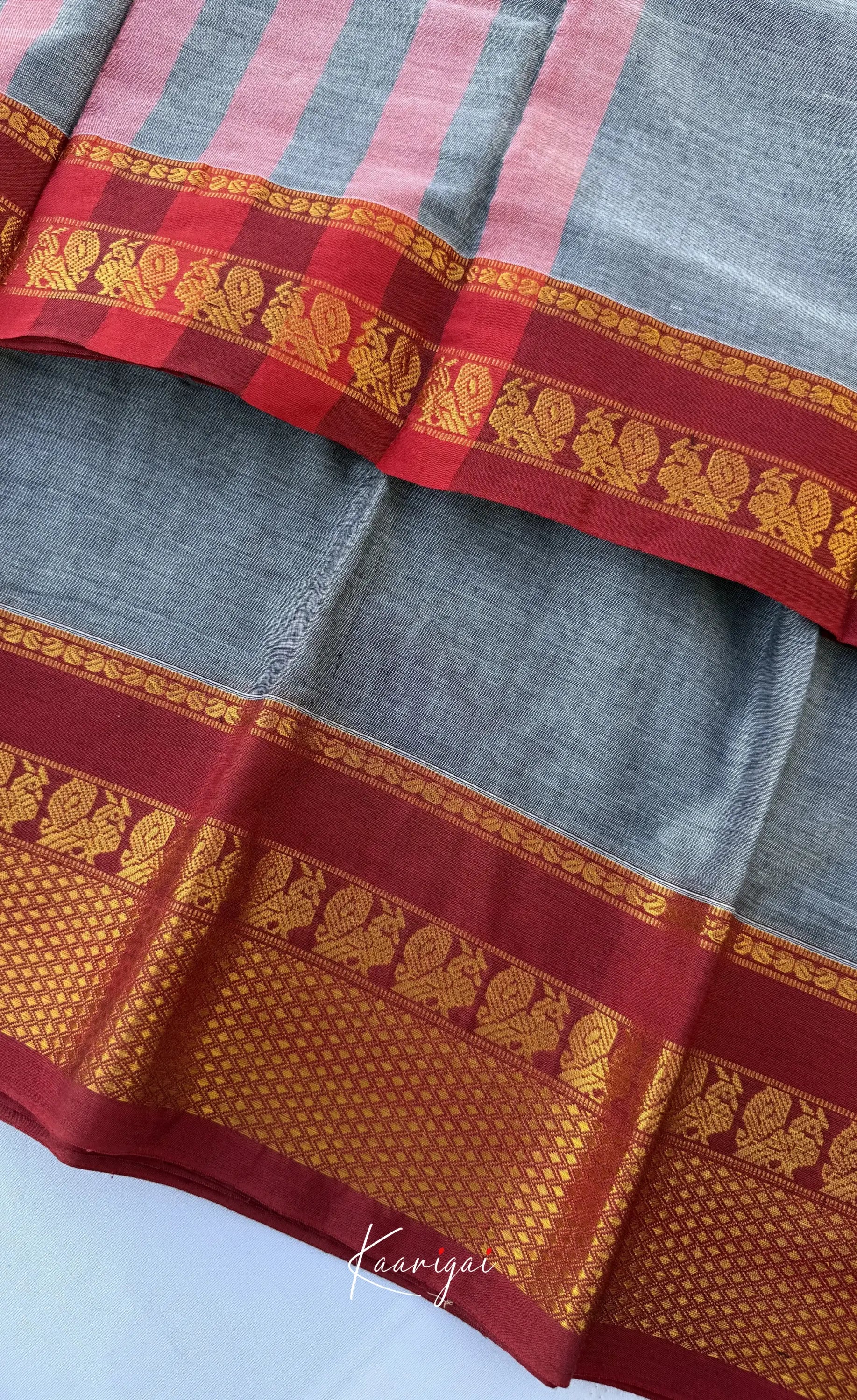 Nalinam - Grey and Reddish Maroon Chettinad Cotton Saree - Sarees