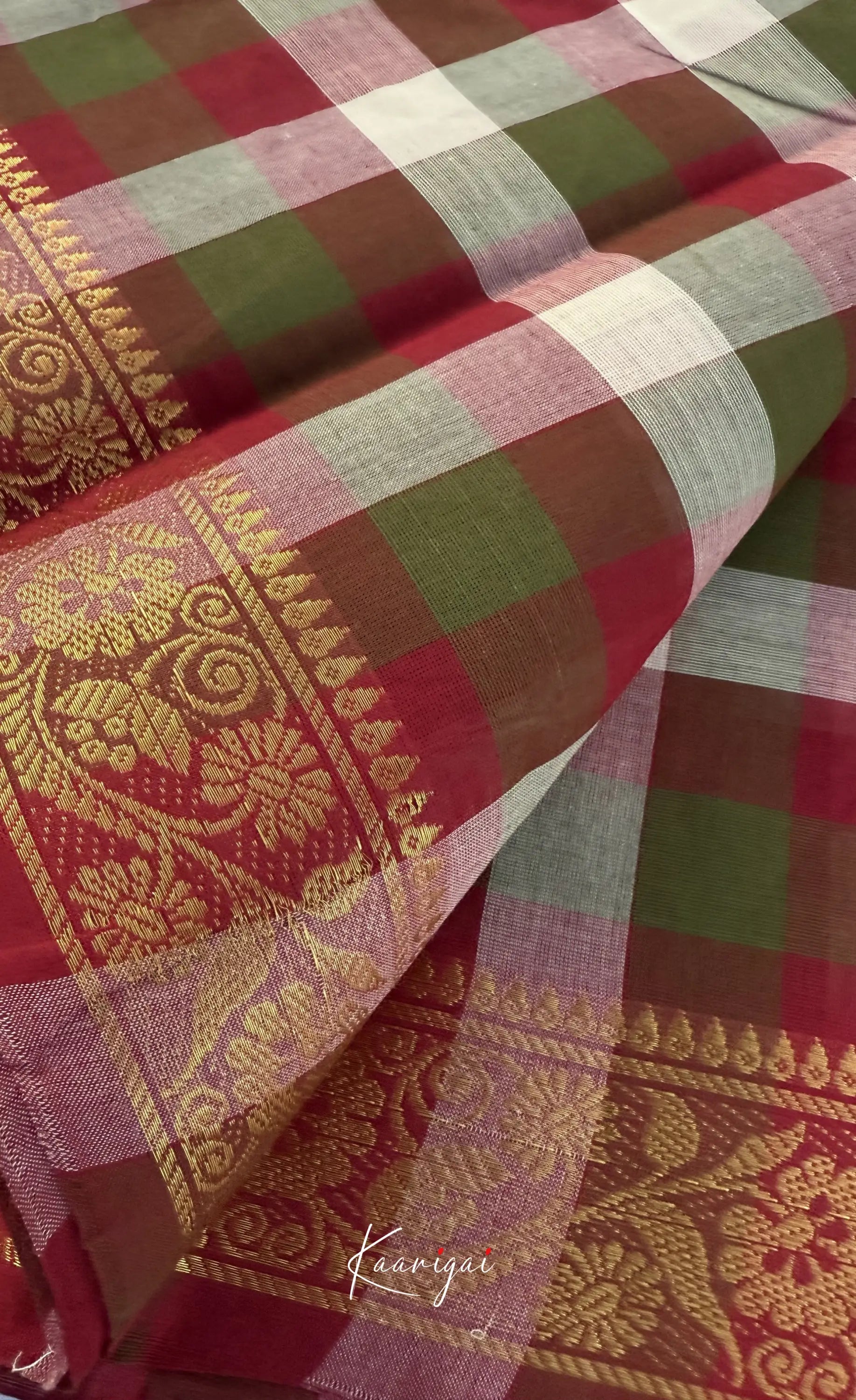 Nalinam - Maroon and White Kandangi Checks Saree with Contrast Blouse - Sarees