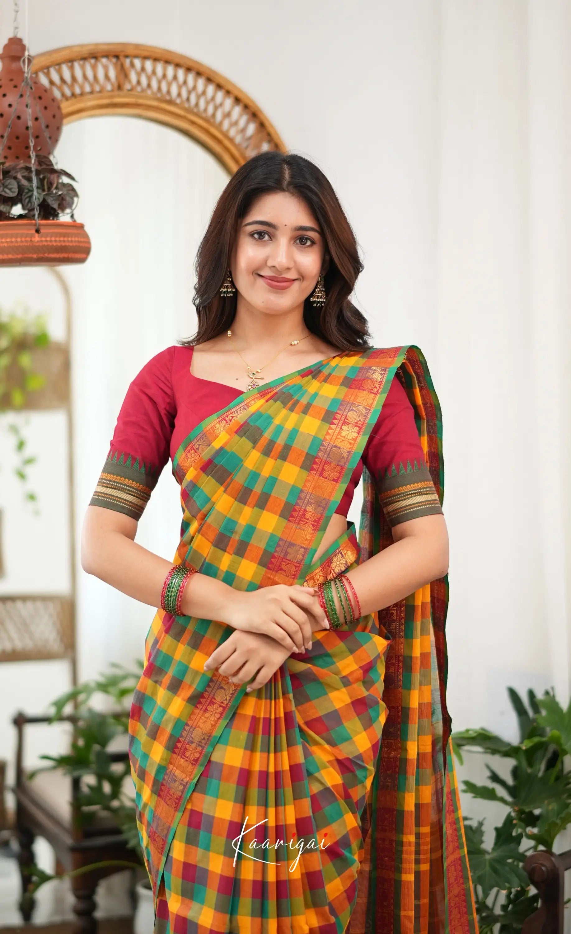 Nalinam - Multicolour checks and Reddish Maroon Kandangi Saree - Sarees