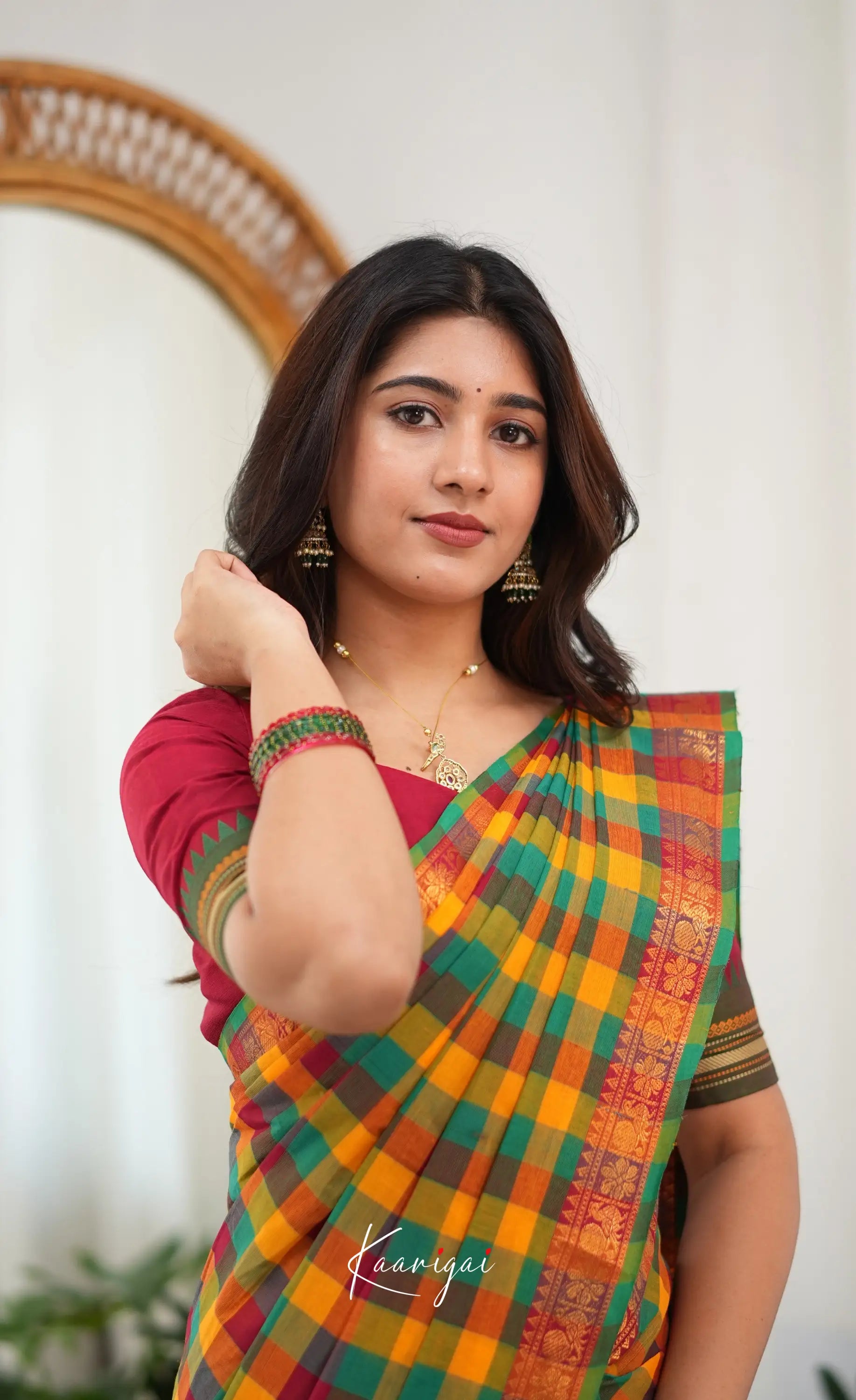 Nalinam - Multicolour checks and Reddish Maroon Kandangi Saree - Sarees