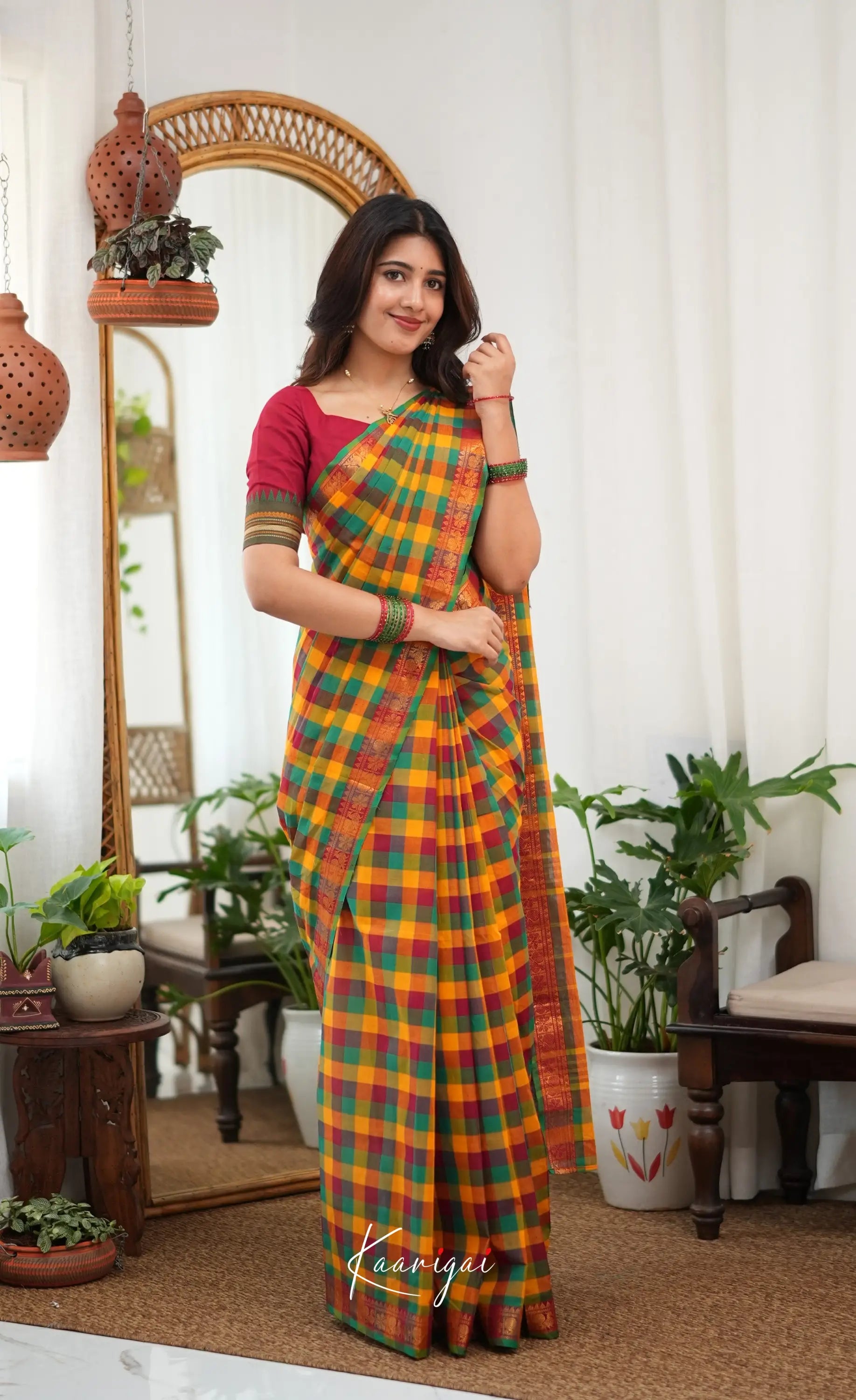 Nalinam - Multicolour checks and Reddish Maroon Kandangi Saree - Sarees