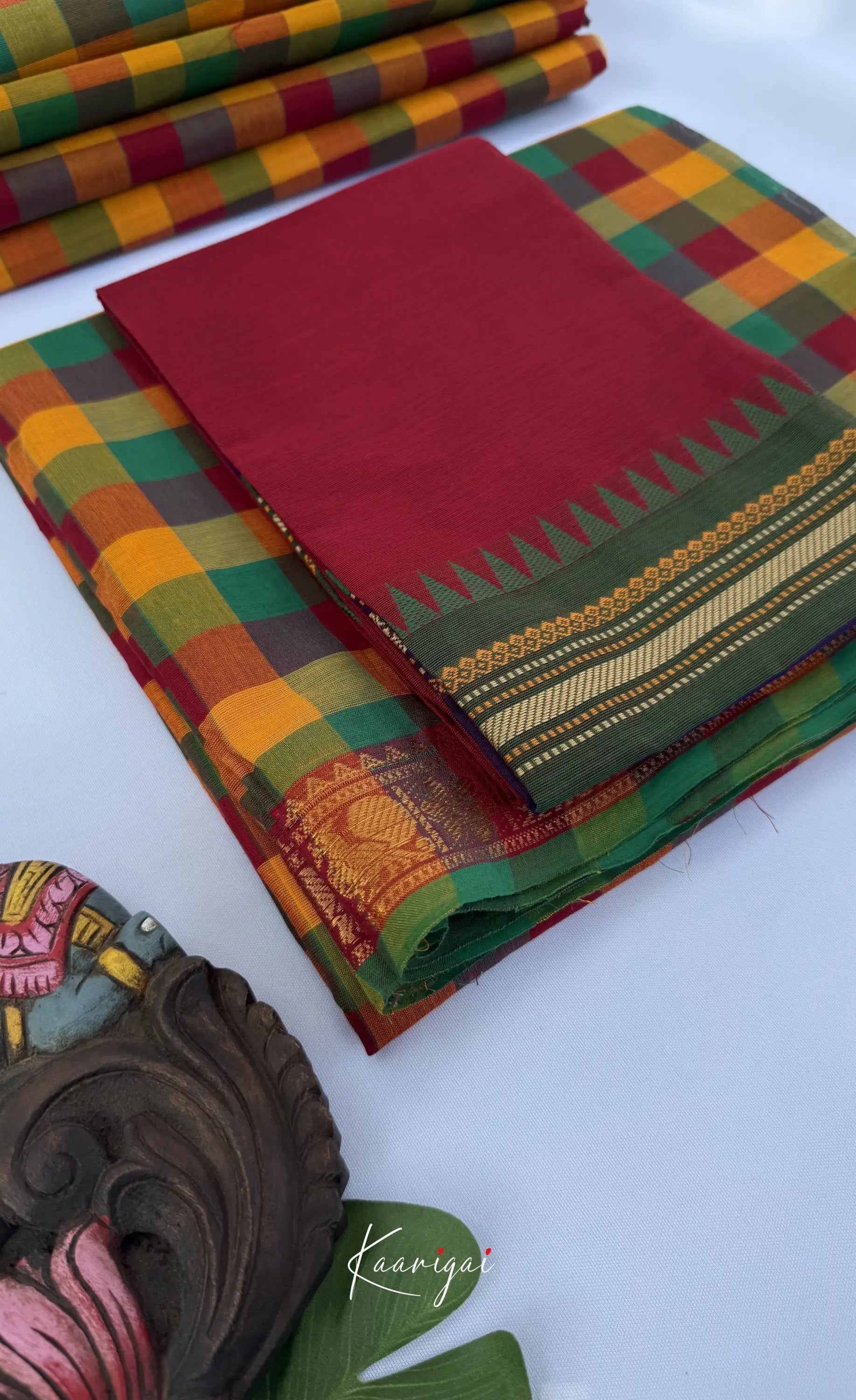 Nalinam - Multicolour checks and Reddish Maroon Kandangi Saree - Sarees