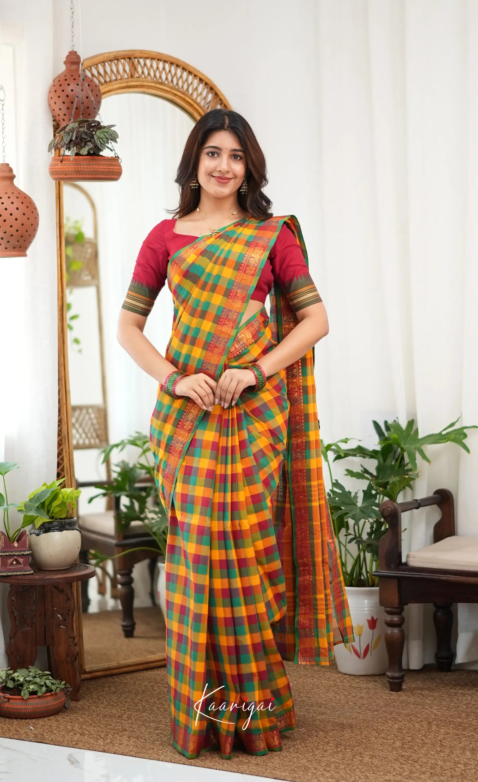 Nalinam - Multicolour checks and Reddish Maroon Kandangi Saree - Sarees