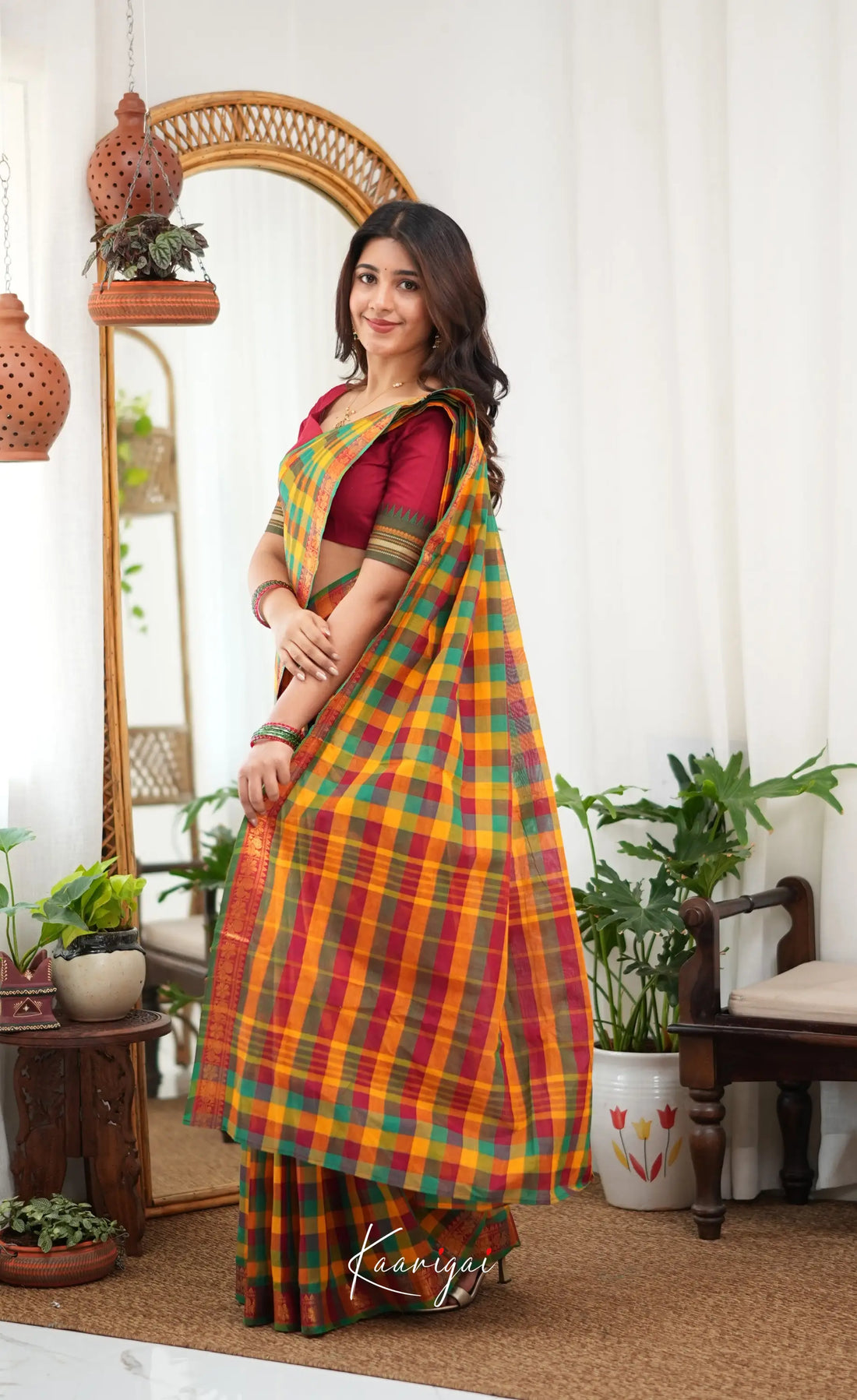 Nalinam - Multicolour checks and Reddish Maroon Kandangi Saree - Sarees