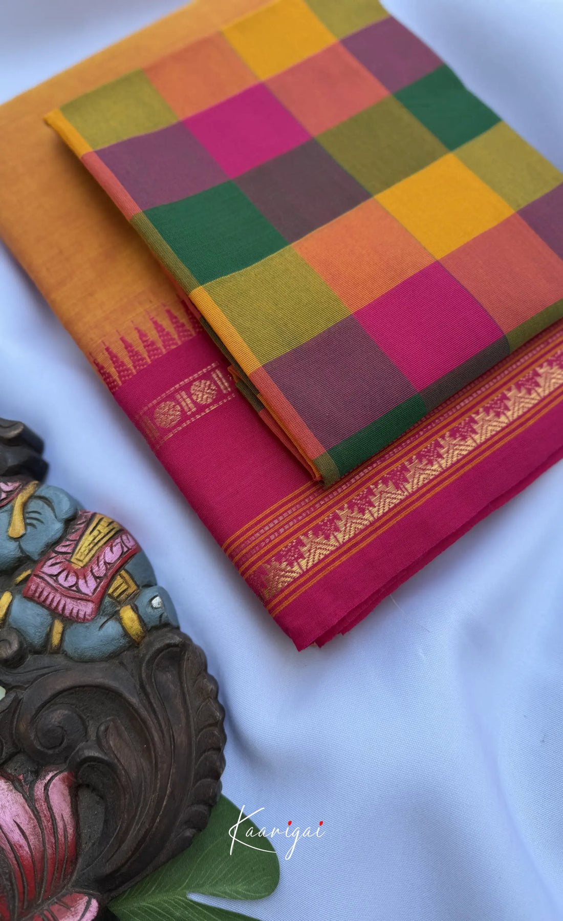 Nalinam - Mustard Yellow Cotton Saree with Kandangi Checks Blouse - Sarees