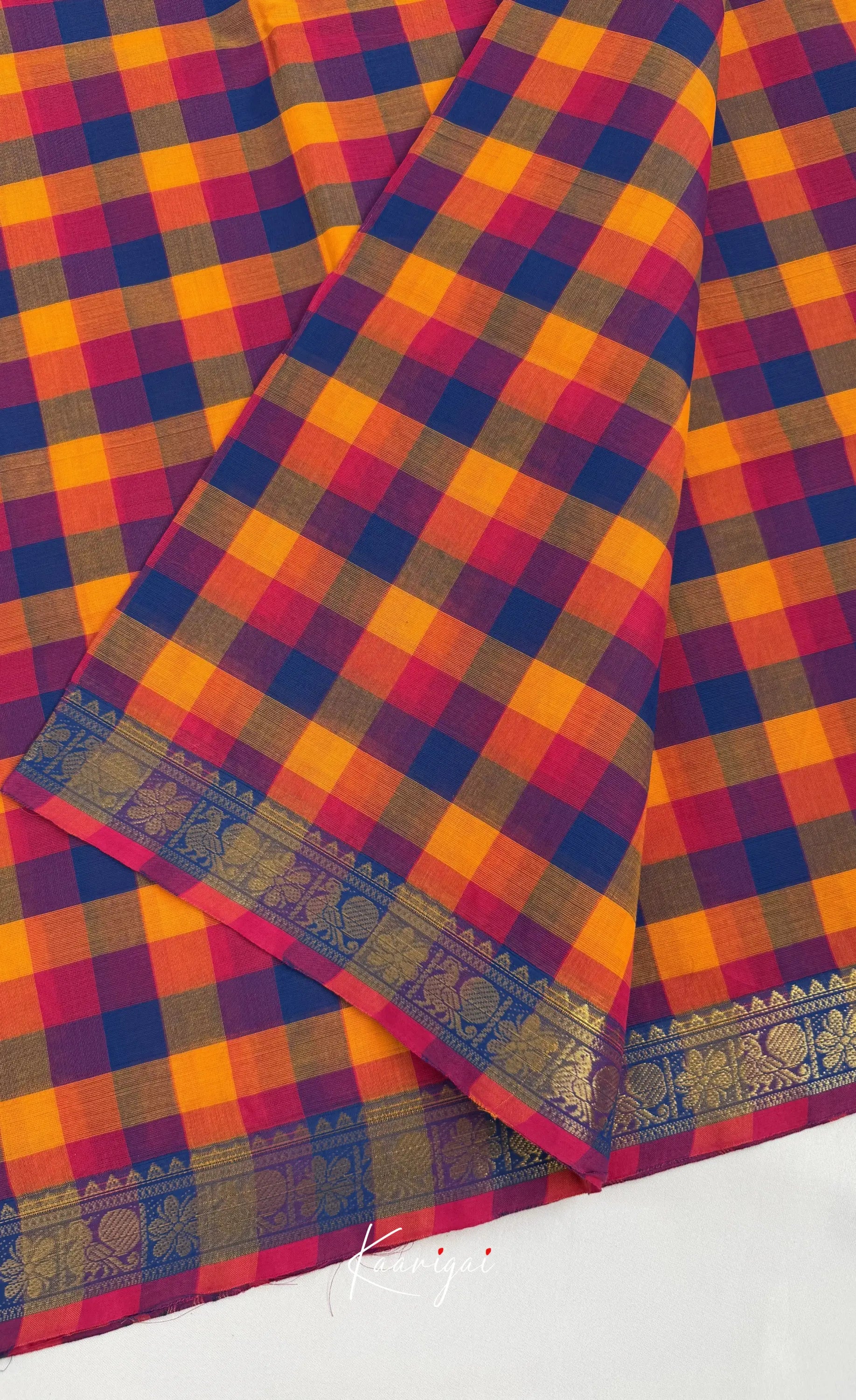 Nalinam - Royal blue and Yellow Kandangi Checks Saree - Sarees