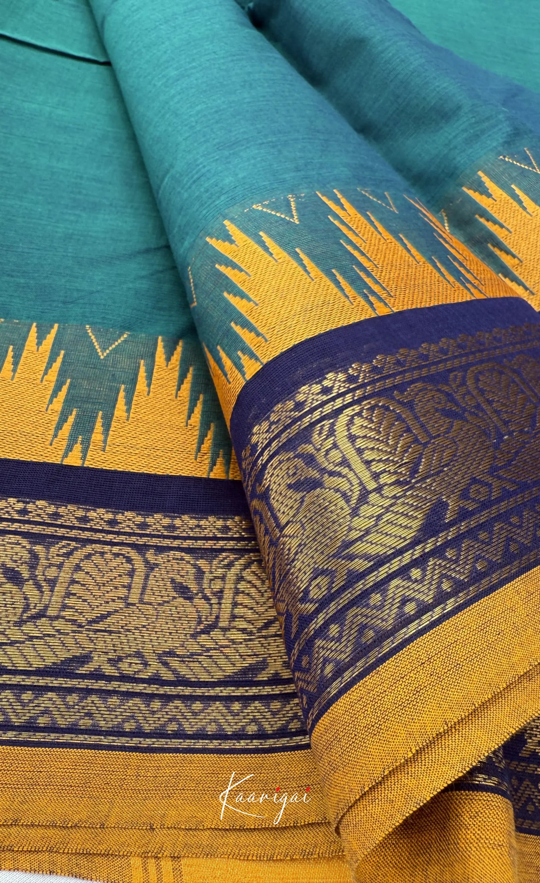 Nalinam - Teal blue with Mustard yellow Chettinad Cotton Saree - Sarees