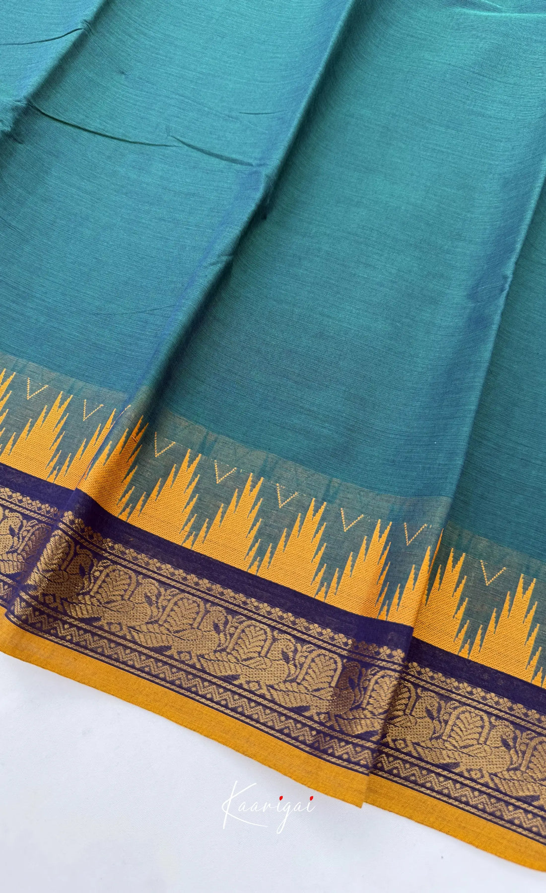 Nalinam - Teal blue with Mustard yellow Chettinad Cotton Saree - Sarees
