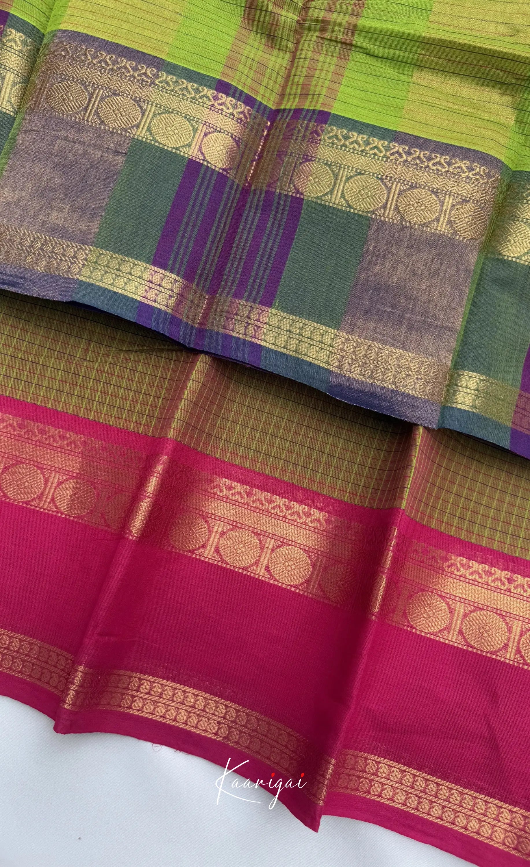Nalinam - Two-tone yellow and Dual border Chettinad Cotton Saree - Sarees