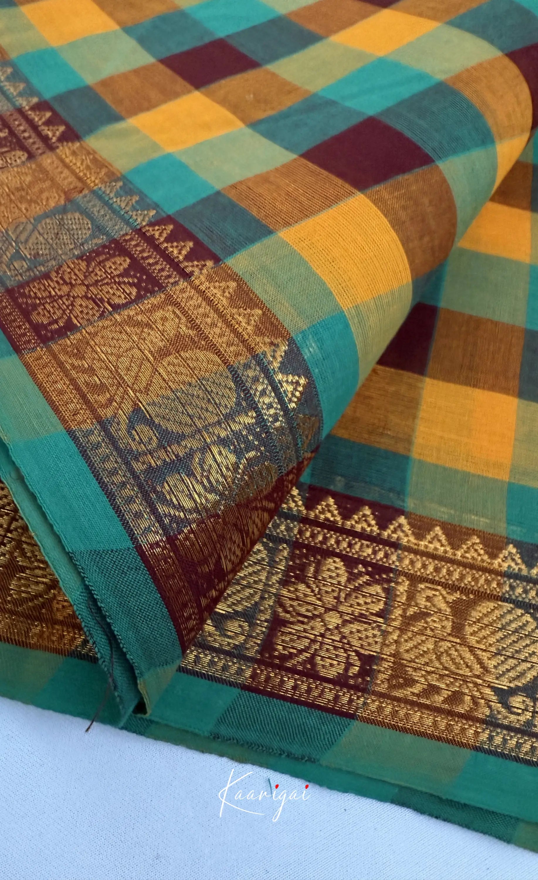 Nalinam - Yellow and Brown Kandangi Checks Saree - Sarees